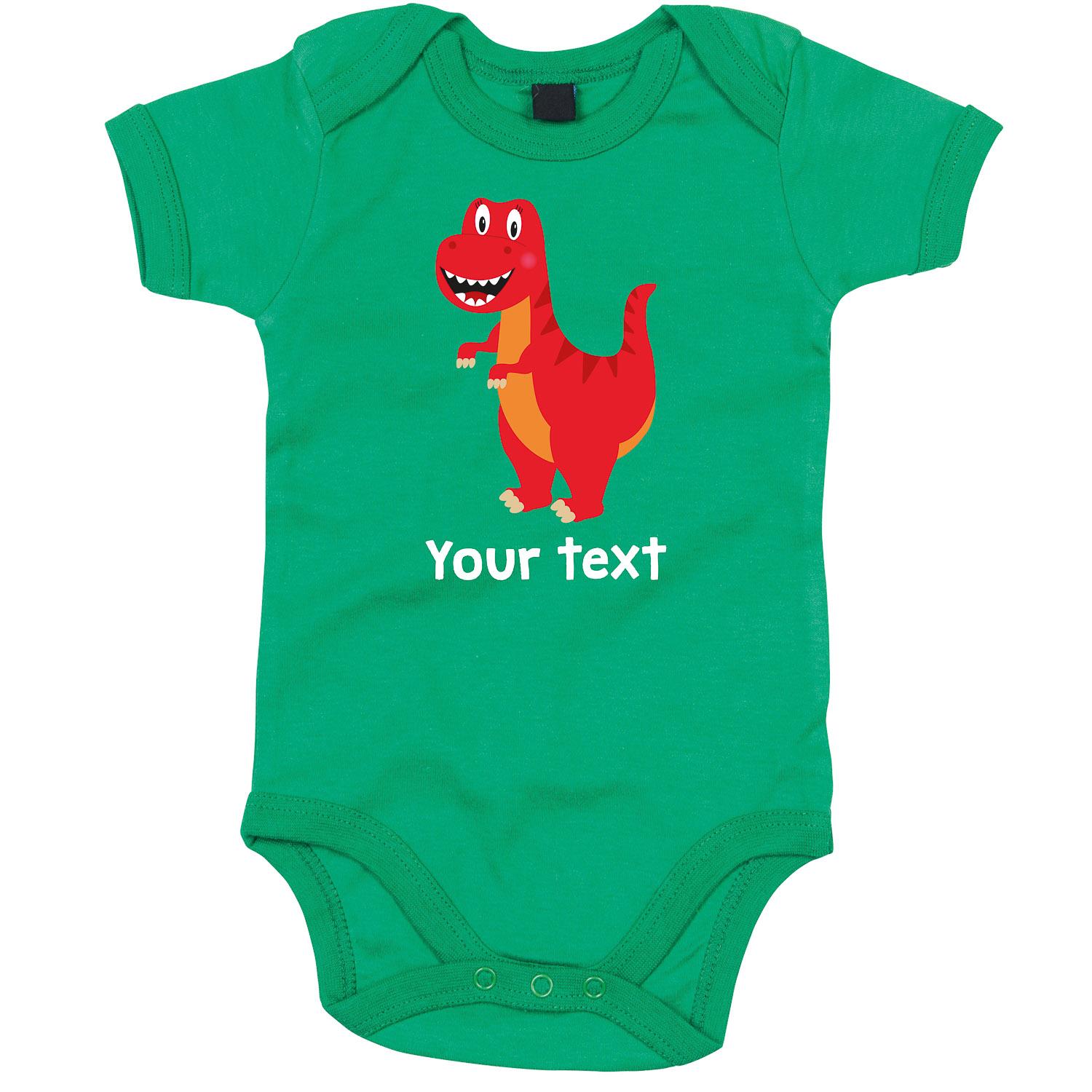 Anismalls T-Rex dinosaur character on a kelly green coloured personalised bodysuit