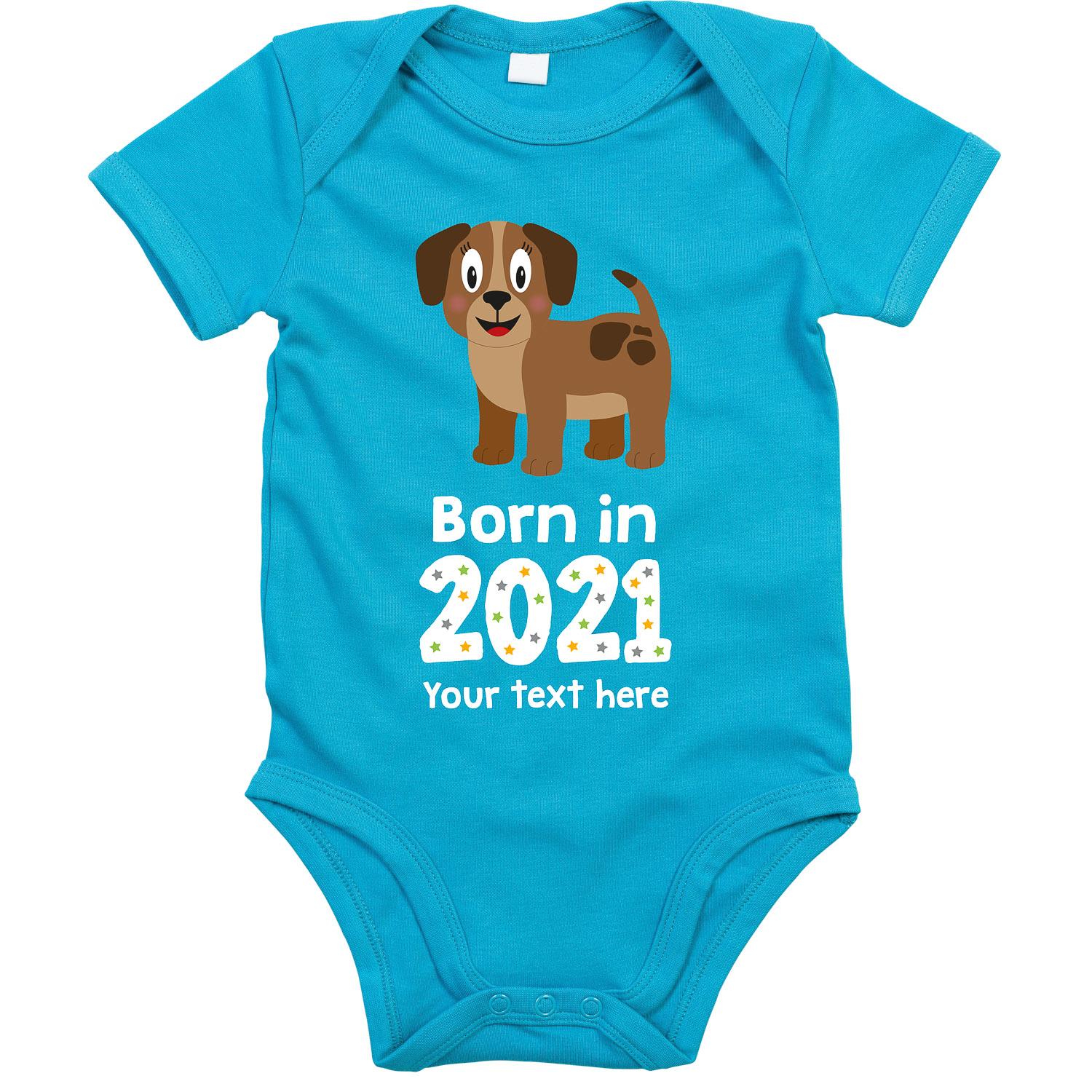 Anismalls dog character on a surf blue coloured personalised bodysuit with born in 2021 text in white