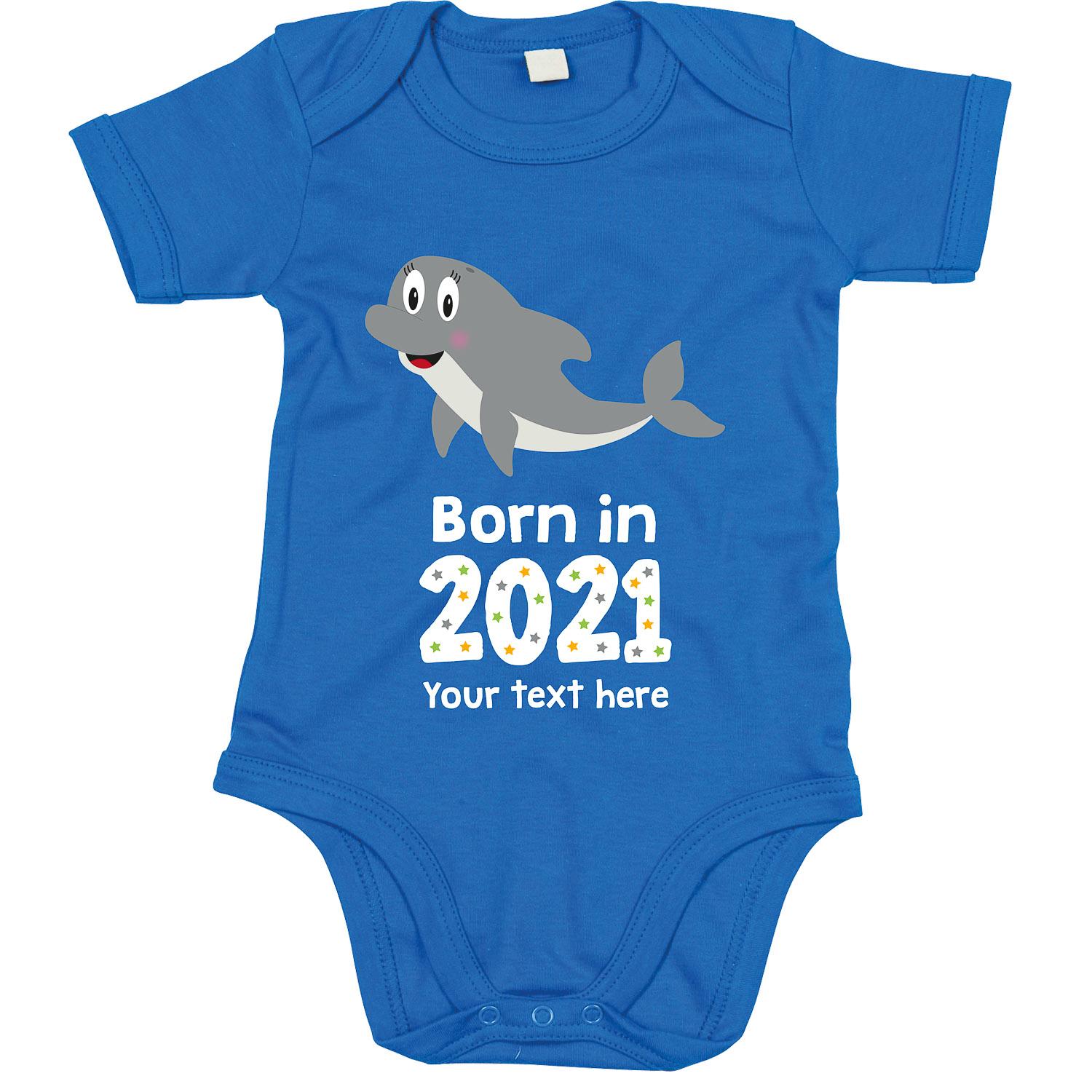Anismalls dolphin character on a cobalt blue coloured personalised bodysuit with born in 2021 text in white