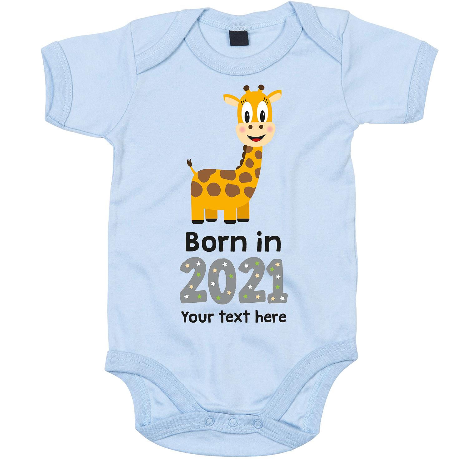 Anismalls giraffe character on a dusty blue coloured personalised bodysuit with born in 2021 text in grey