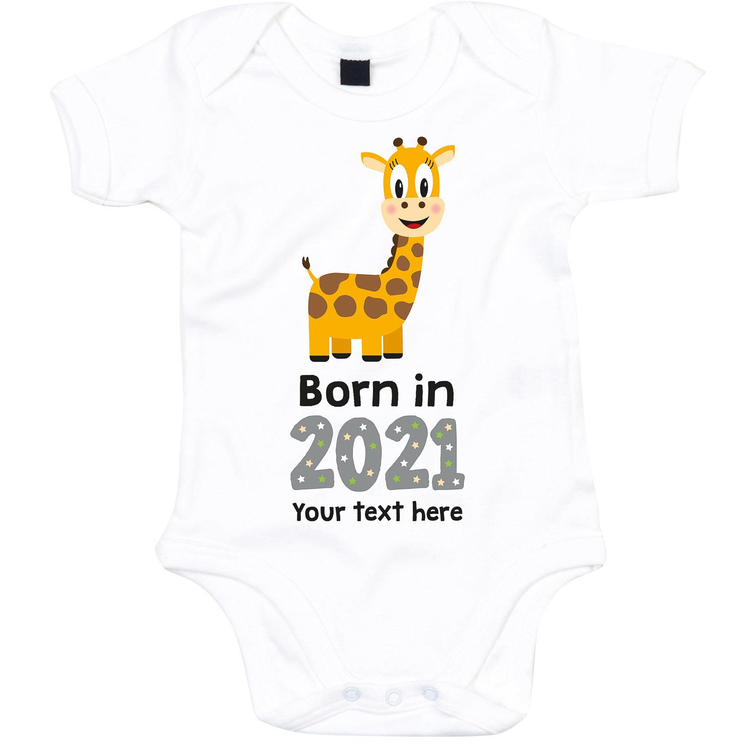 Anismalls giraffe character on a white coloured personalised bodysuit with born in 2021 text in grey