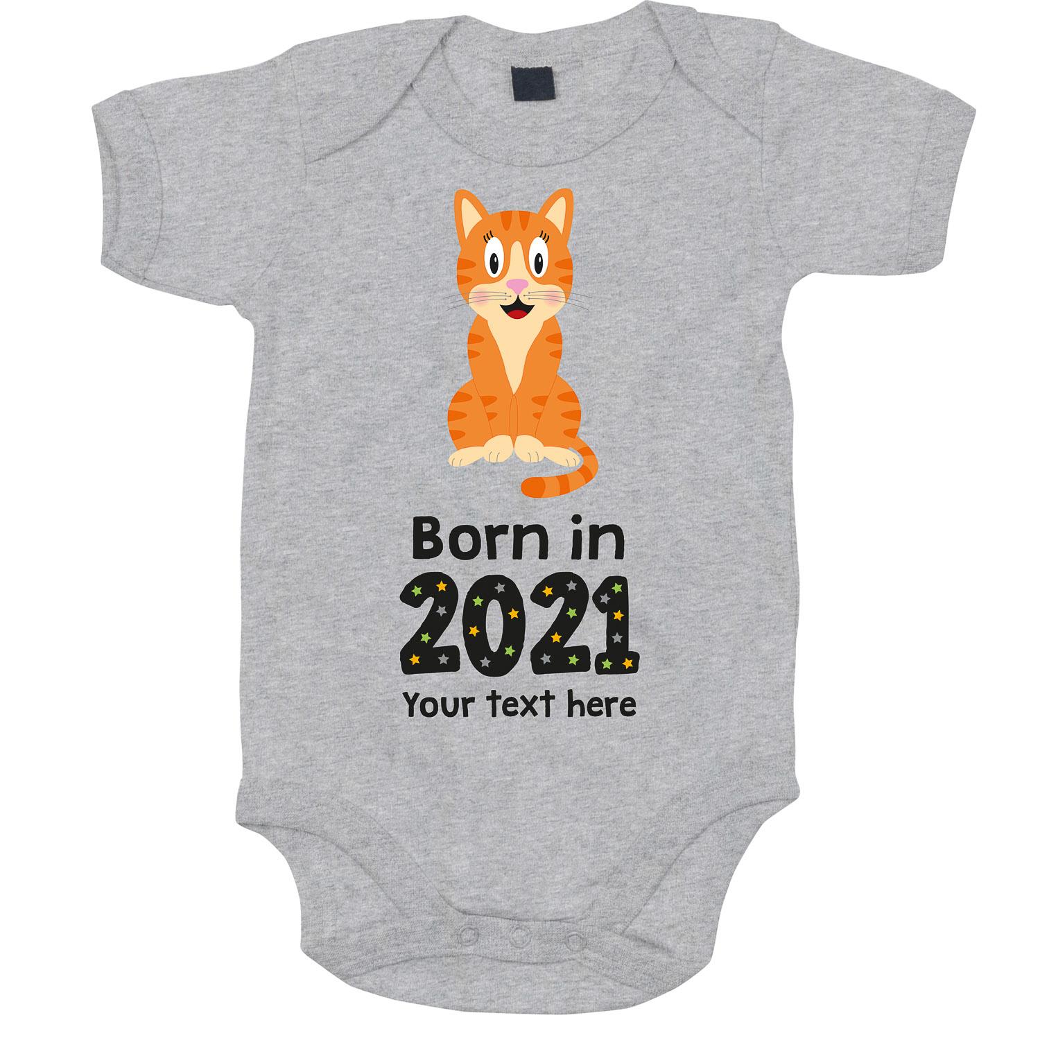 Anismalls cat character on a heather grey coloured personalised bodysuit with born in 2021 text in black