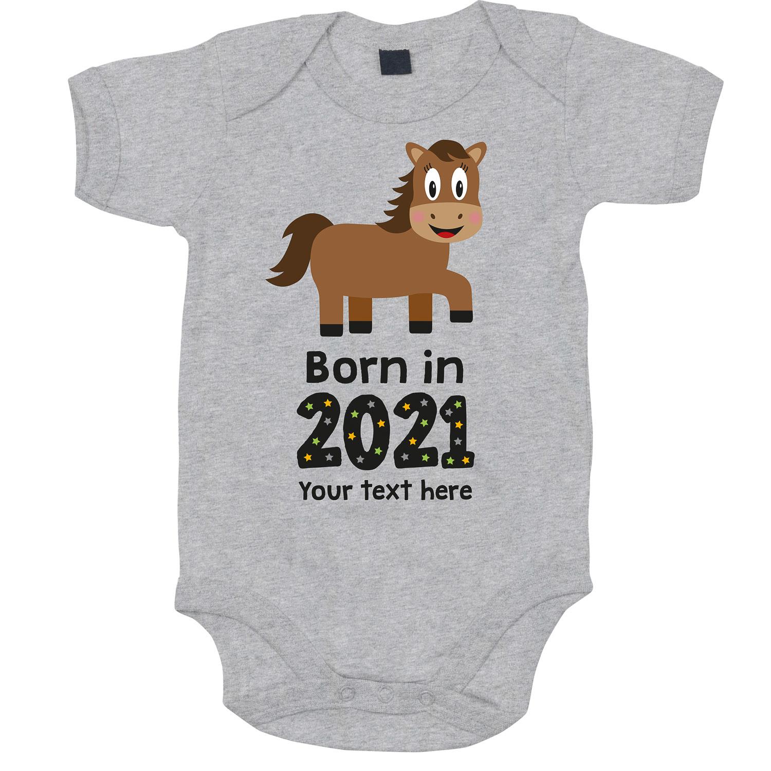 Anismalls horse character on a heather grey coloured personalised bodysuit with born in 2021 text in black