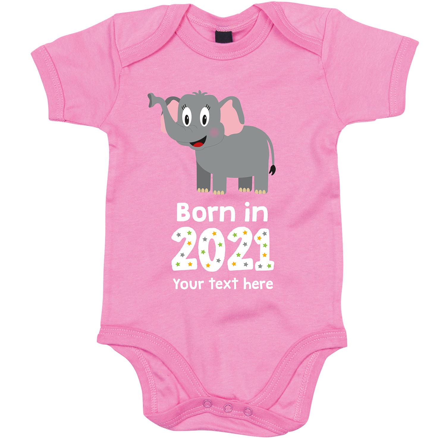 Anismalls elephant character on a bubblegum pink coloured personalised bodysuit with born in 2021 text in white