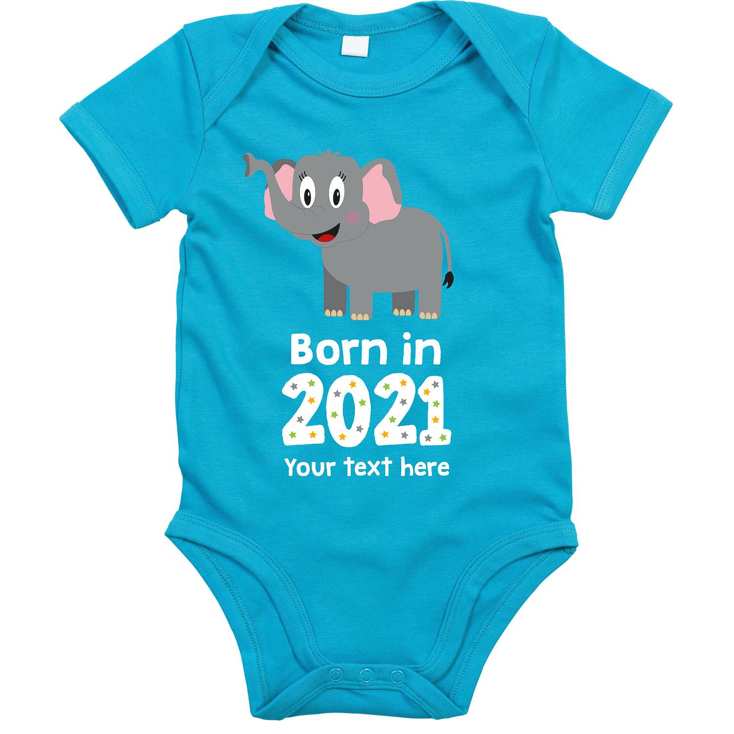 Anismalls elephant character on a surf blue coloured personalised bodysuit with born in 2021 text in white