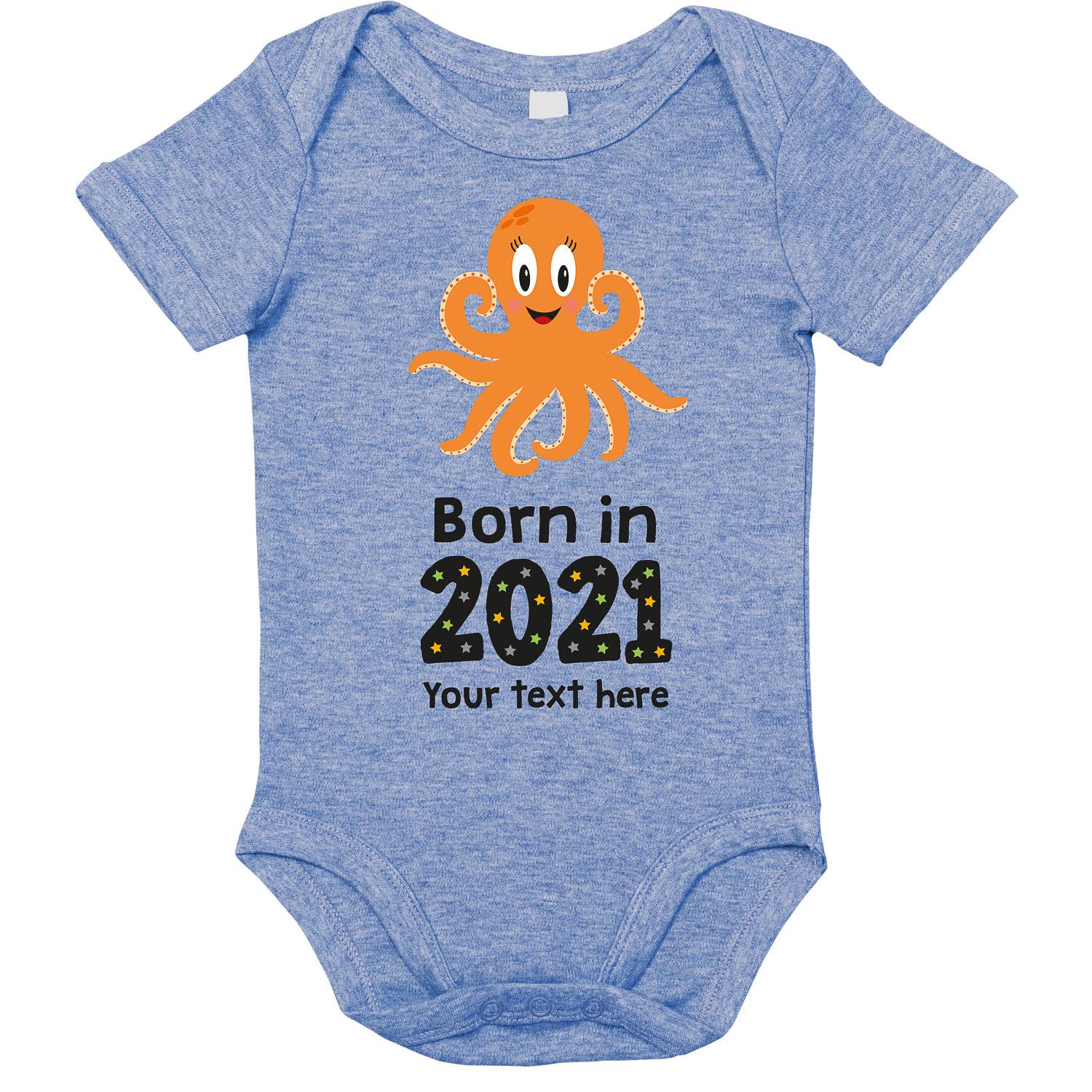Anismalls octopus character on a heather blue coloured personalised bodysuit with born in 2021 text in black