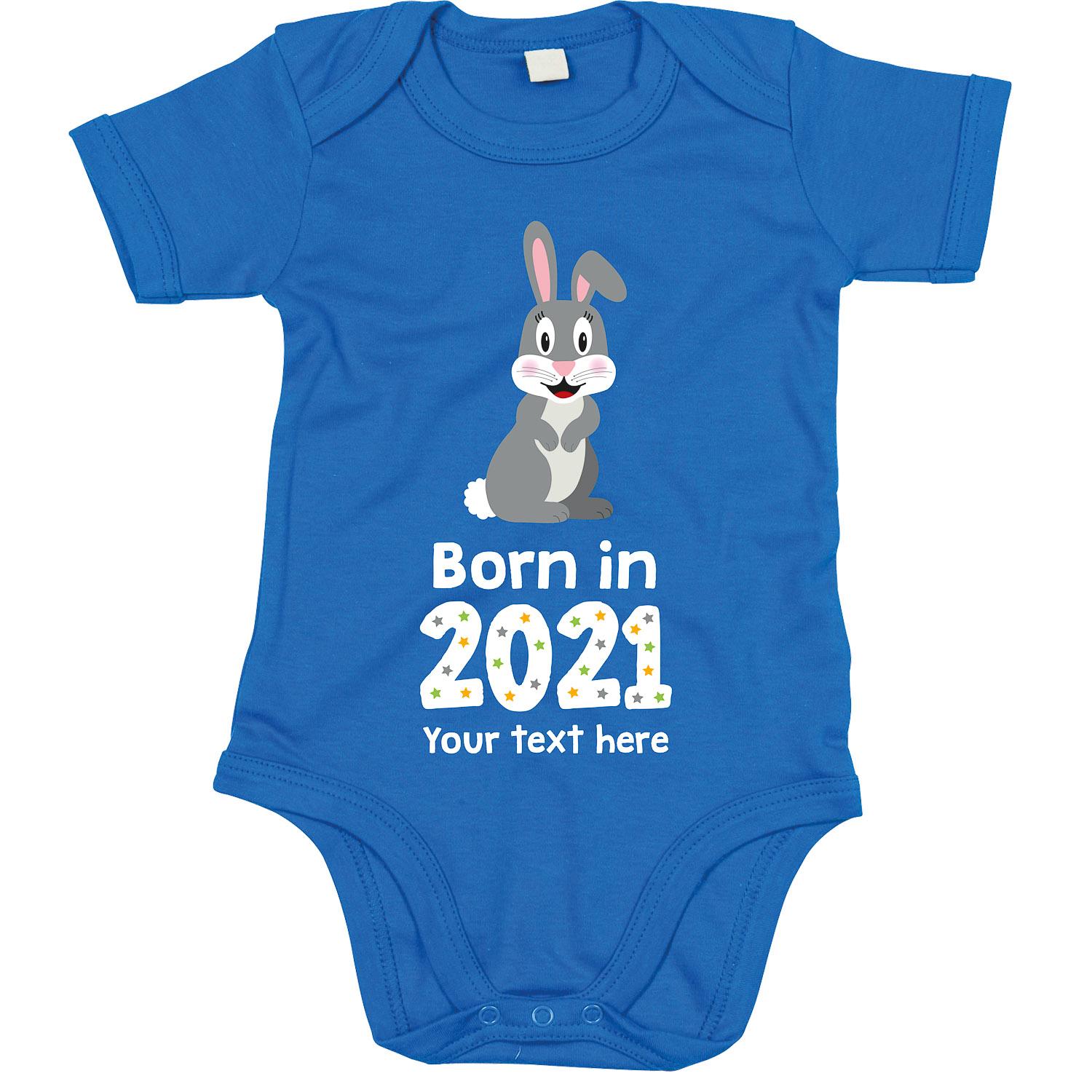 Anismalls rabbit character on a cobalt blue coloured personalised bodysuit with born in 2021 text in white