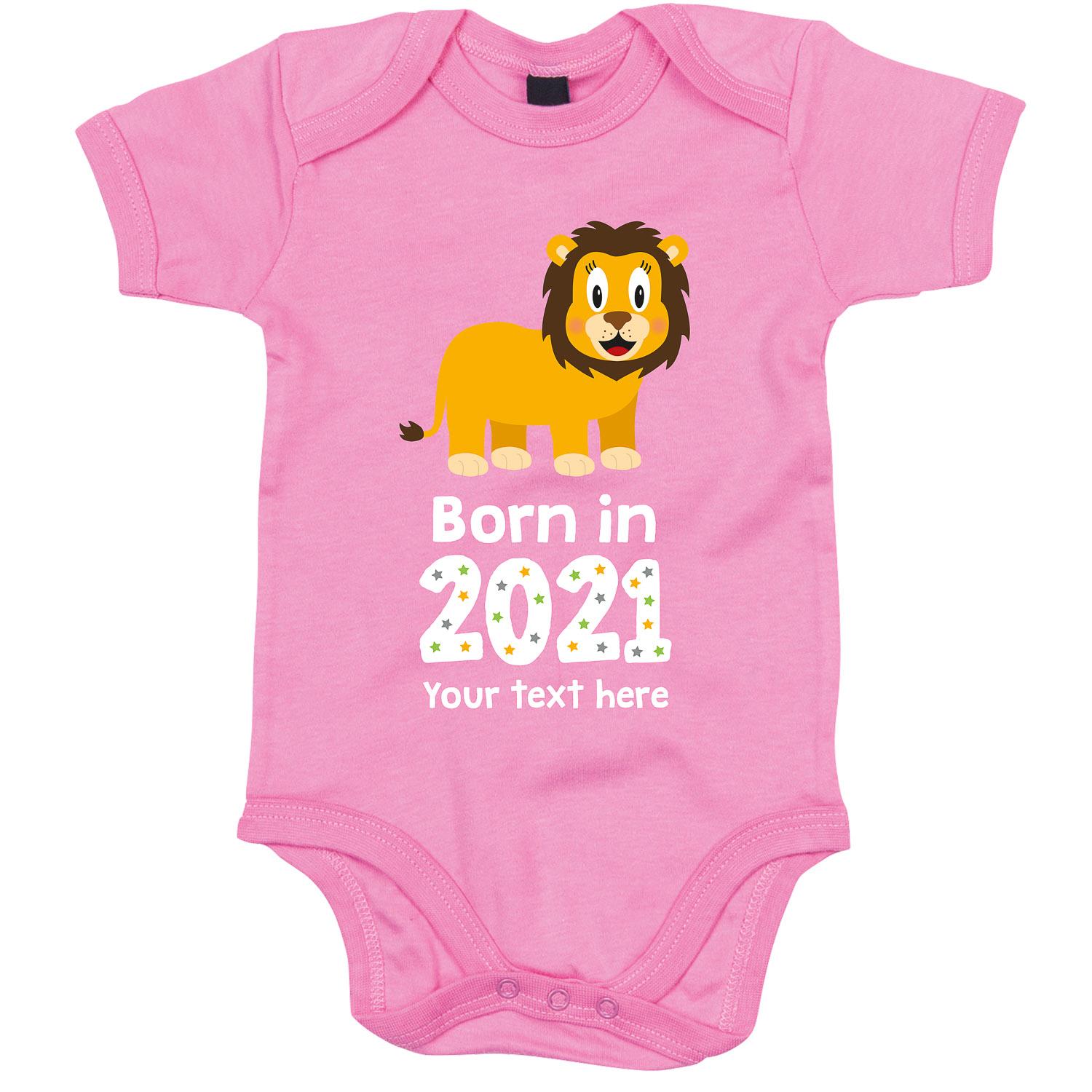 Anismalls lion character on a bubblegum pink coloured personalised bodysuit with born in 2021 text in white