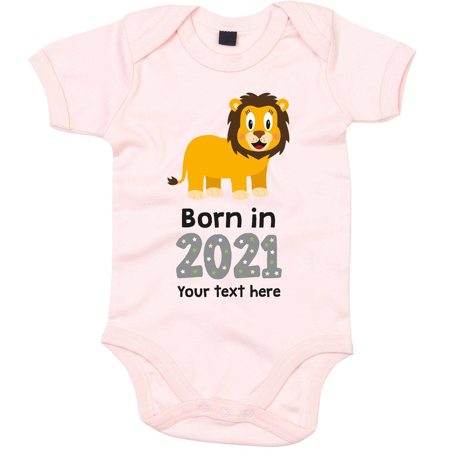 Anismalls lion character on a powder pink coloured personalised bodysuit with born in 2021 text in grey