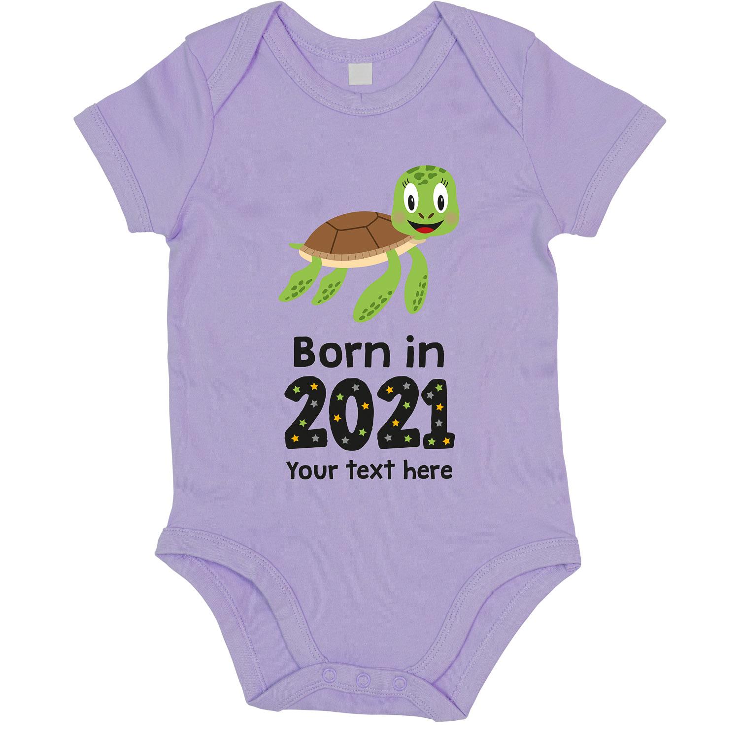 Anismalls sea turtle character on a lavender coloured personalised bodysuit with born in 2021 text in black