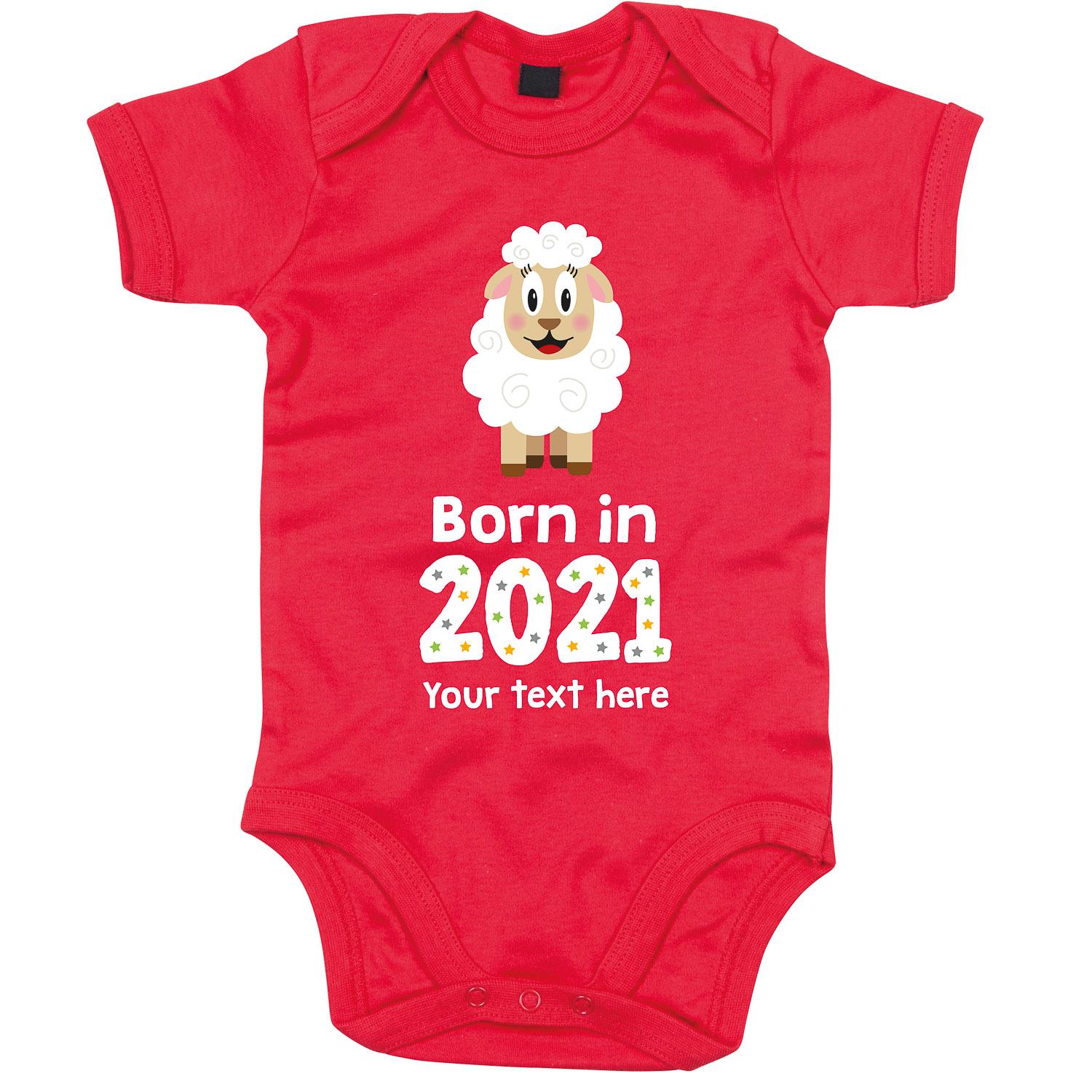Anismalls sheep character on a red coloured personalised bodysuit with born in 2021 text in white