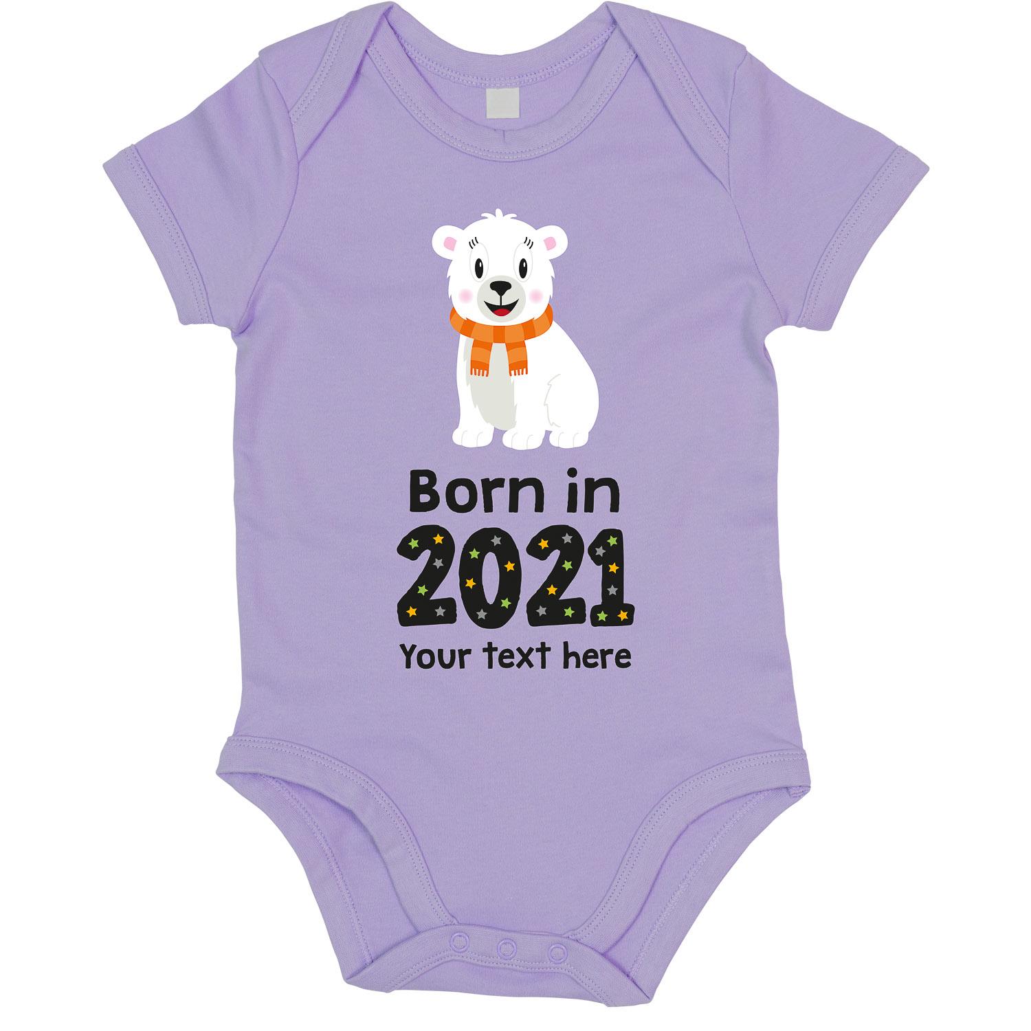 Anismalls polar bear character on a lavender coloured personalised bodysuit with born in 2021 text in black