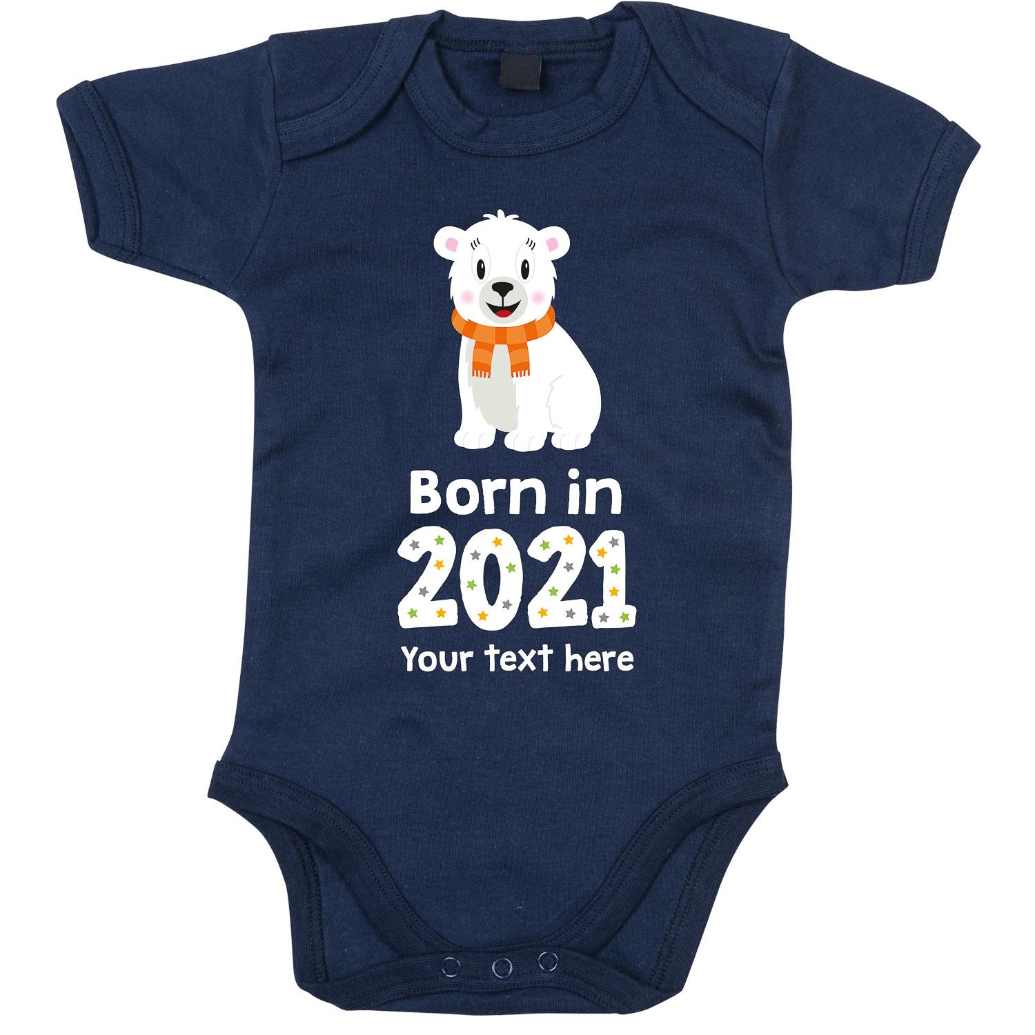 Anismalls polar bear character on a nautical navy coloured personalised bodysuit with born in 2021 text in white