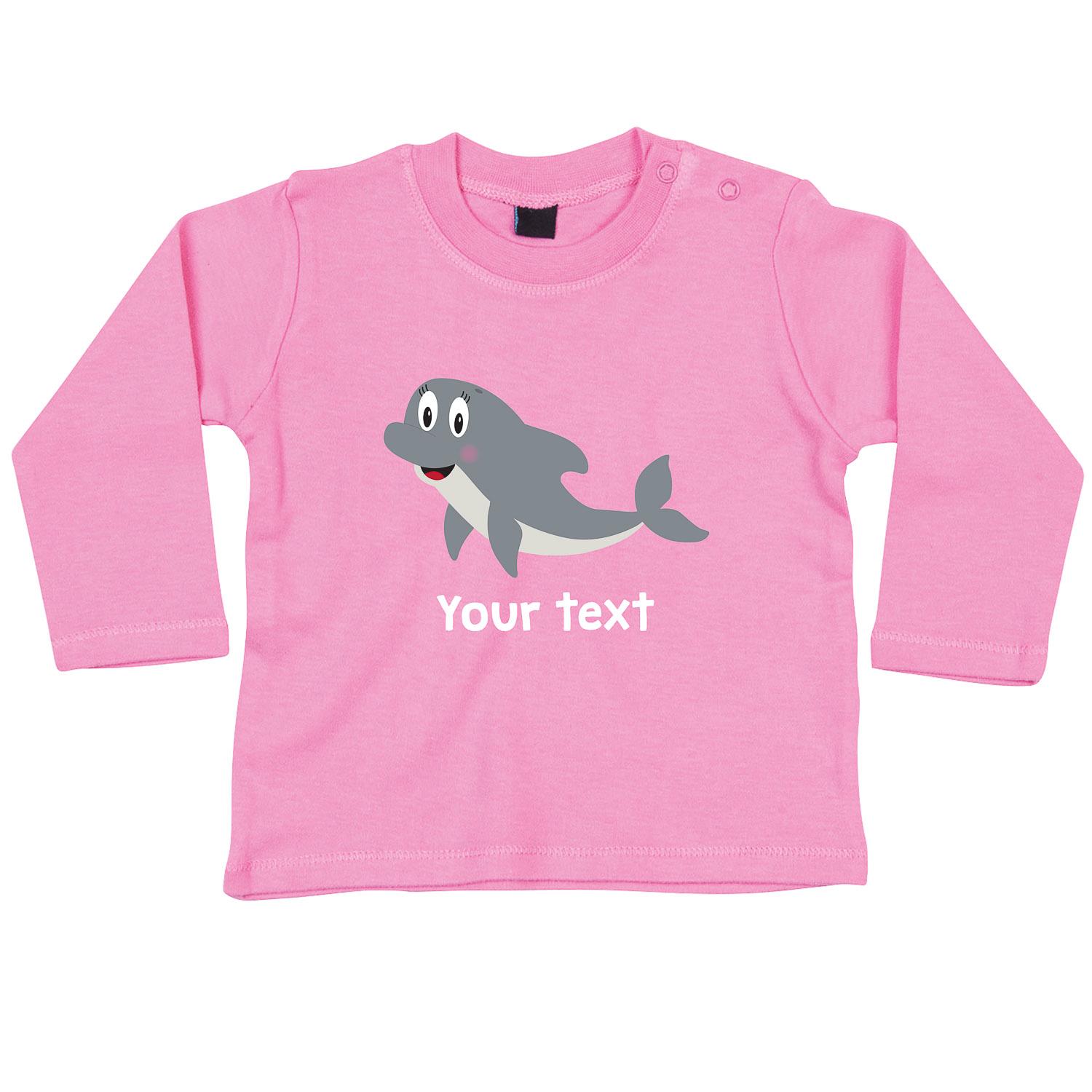 Anismalls dolphin character on a bubblegum pink coloured personalised long sleeve T-shirt