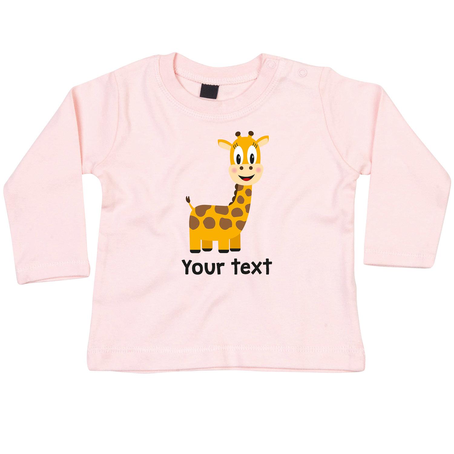 Anismalls giraffe character on a powder pink coloured personalised long sleeve T-shirt