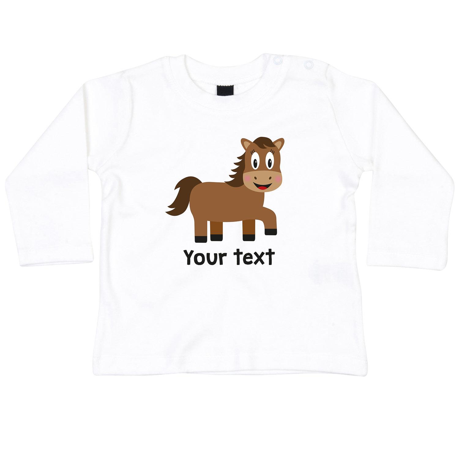 Anismalls horse character on a white coloured personalised long sleeve T-shirt