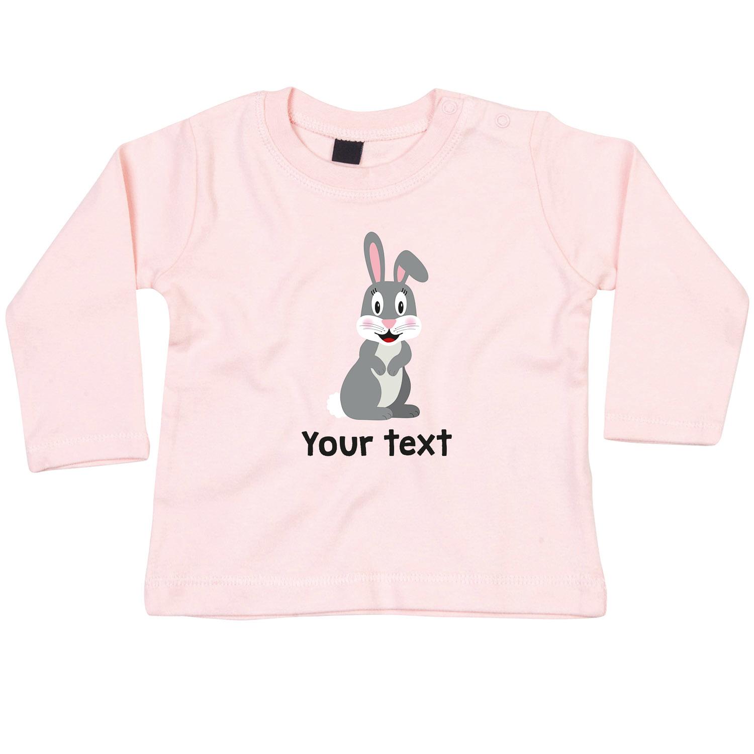 Anismalls rabbit character on a powder pink coloured personalised long sleeve T-shirt