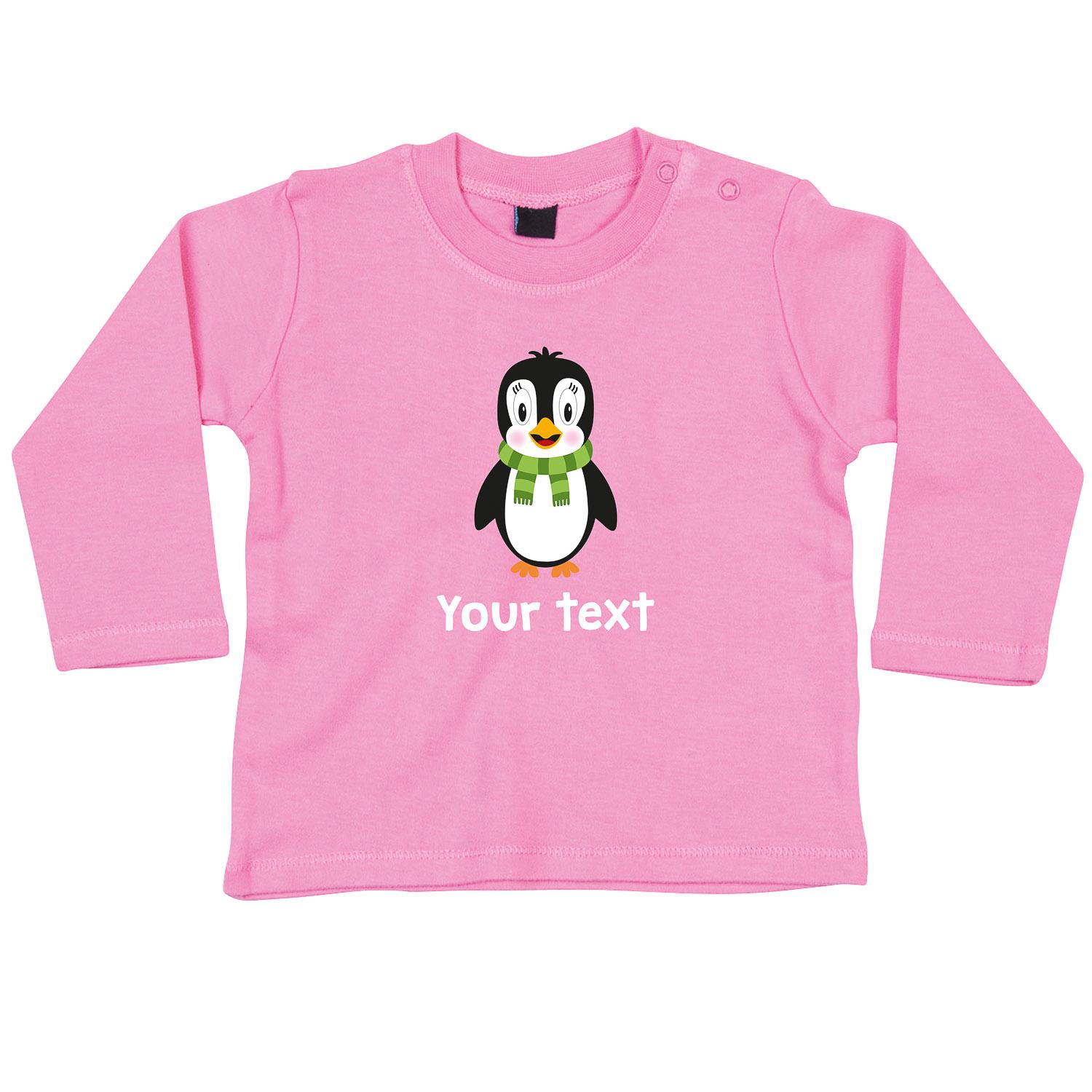 Anismalls penguin character on a bubblegum pink coloured personalised long sleeve T-shirt