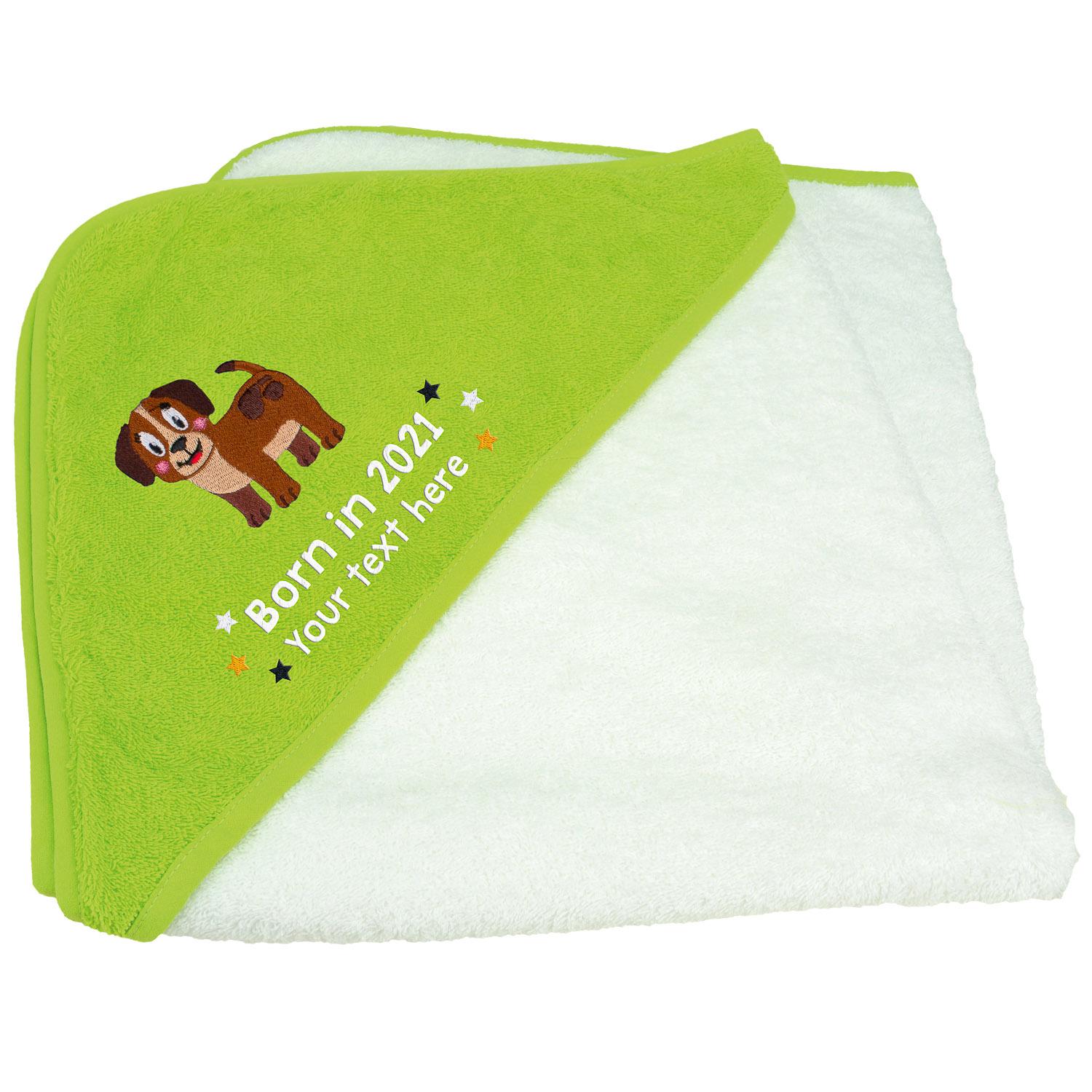 Anismalls dog character on a white towel with a Lime Green coloured hood with born in 2021 text in white