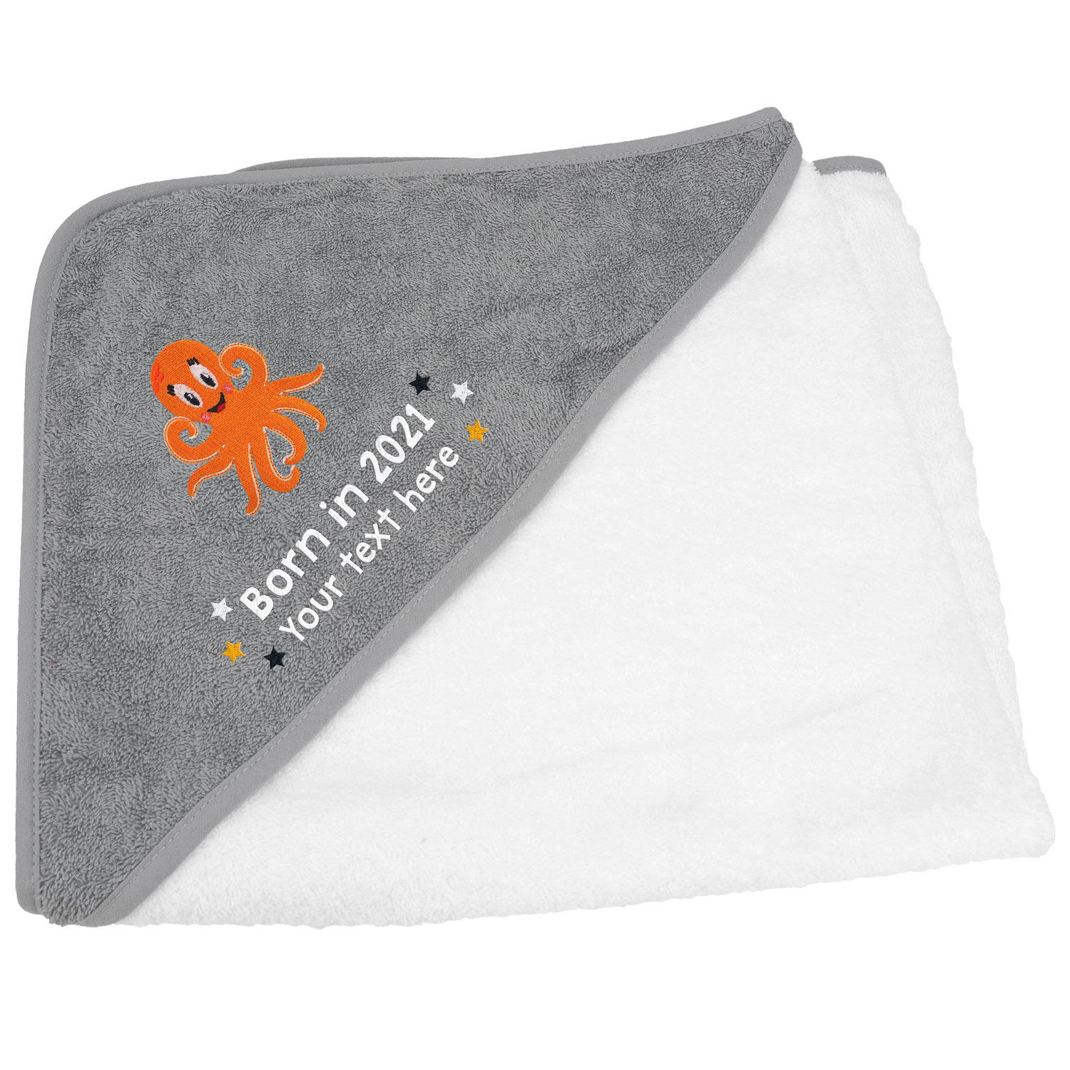 Anismalls octopus character on a white towel with a Grey coloured hood with born in 2021 text in white