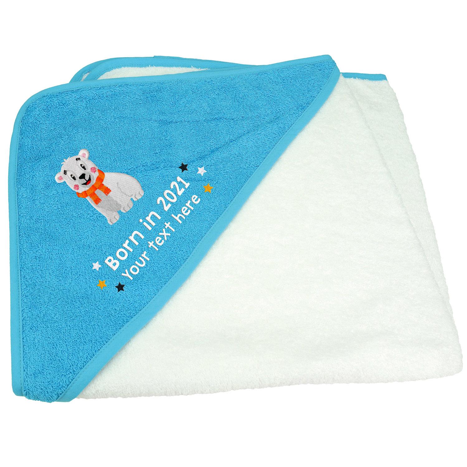 Anismalls polar bear character on a white towel with a Aqua Blue coloured hood with born in 2021 text in white