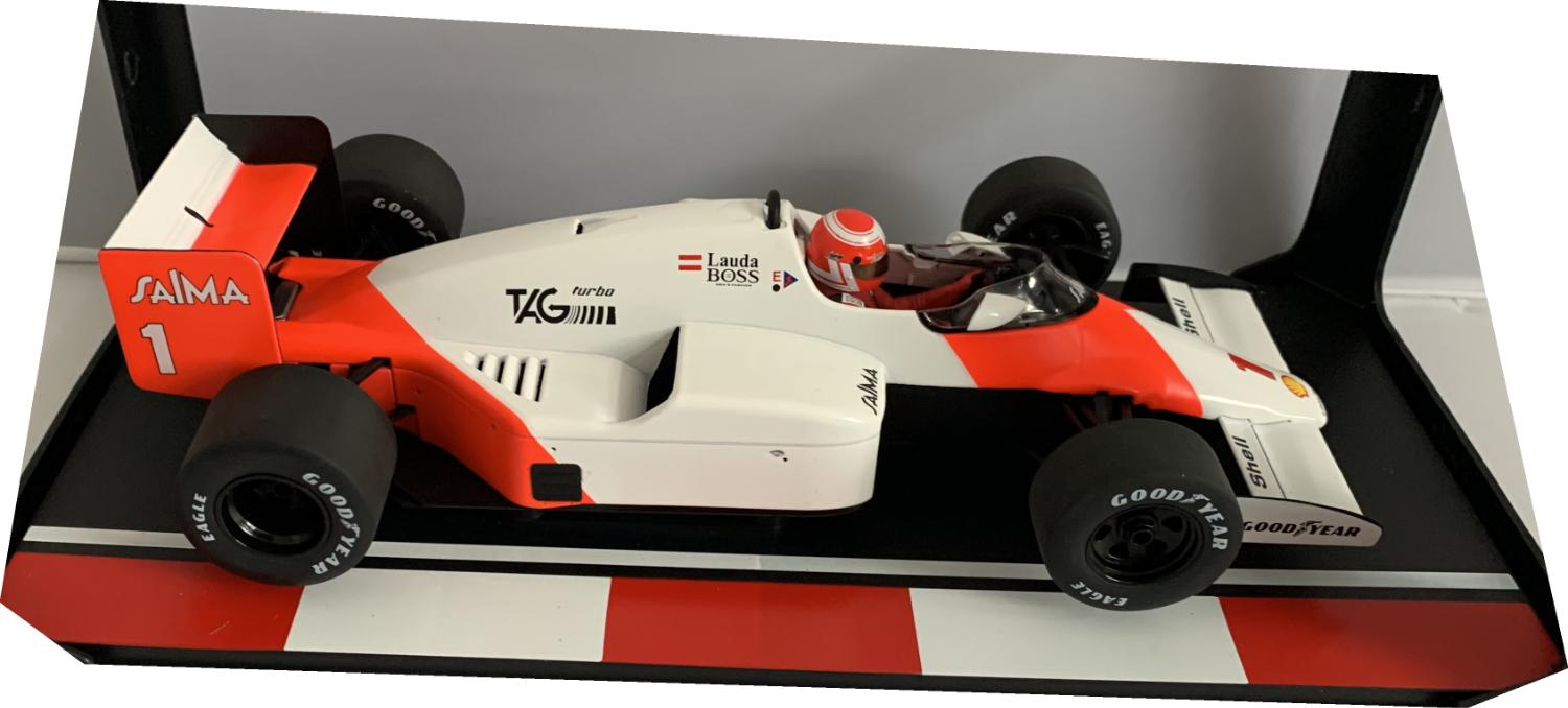 An excellent scale model of the McLaren TAG MP4/2B with high level of detail throughout, all authentically recreated.  Model is presented on a removable plinth and presented in a window display box and includes Marlboro decals.