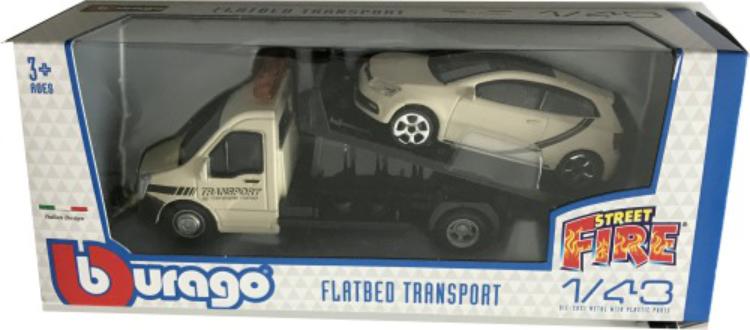 Flatbed Transporter with a VW Polo GTI mk5 in dull grey 1:43 scale, Bburago