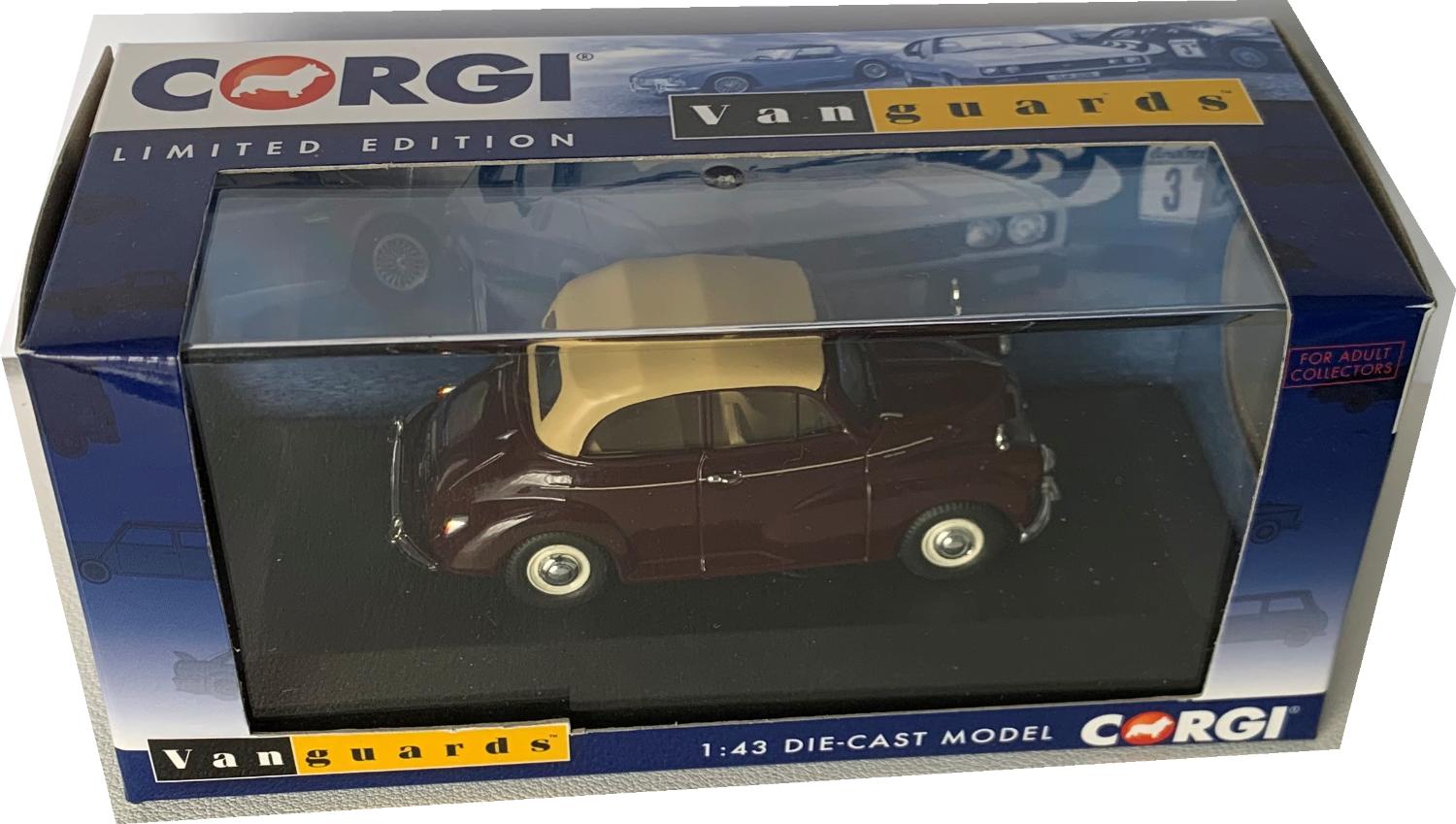 Morris Minor 1000 Convertible in maroon with tan roof,  1:43 scale model from Corgi Vanguards , limited edition model
