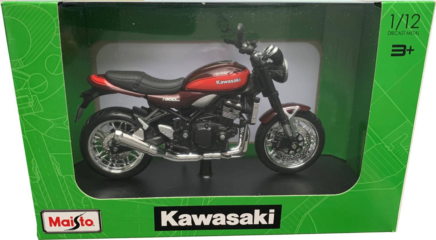Kawasaki Z900RS in brown / red 1:12 scale model from Maisto,  mounted on  a plinth, presented in a green Kawasaki themed box.