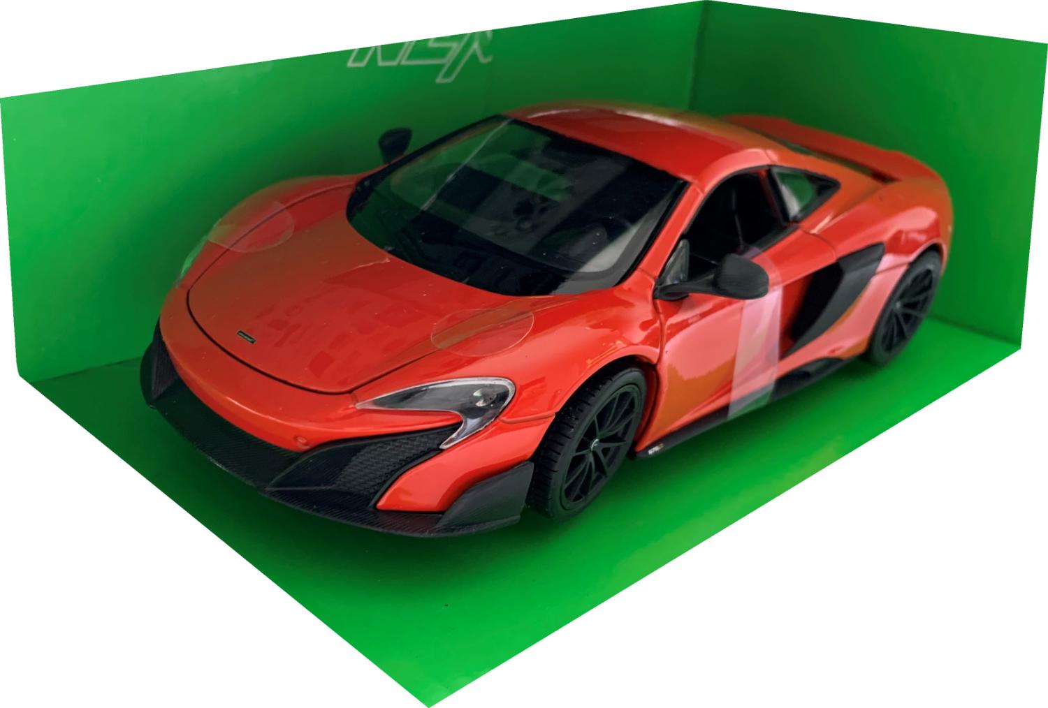 An excellent scale model of a McLaren 675LT Coupe decorated in red with  rear spoiler, side vents and black wheels.