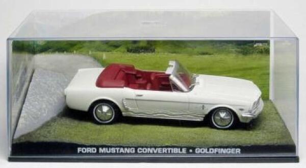James Bond Ford Mustang Convertible from Goldfinger, 1:43 scale diecast model with themed plinth and background
