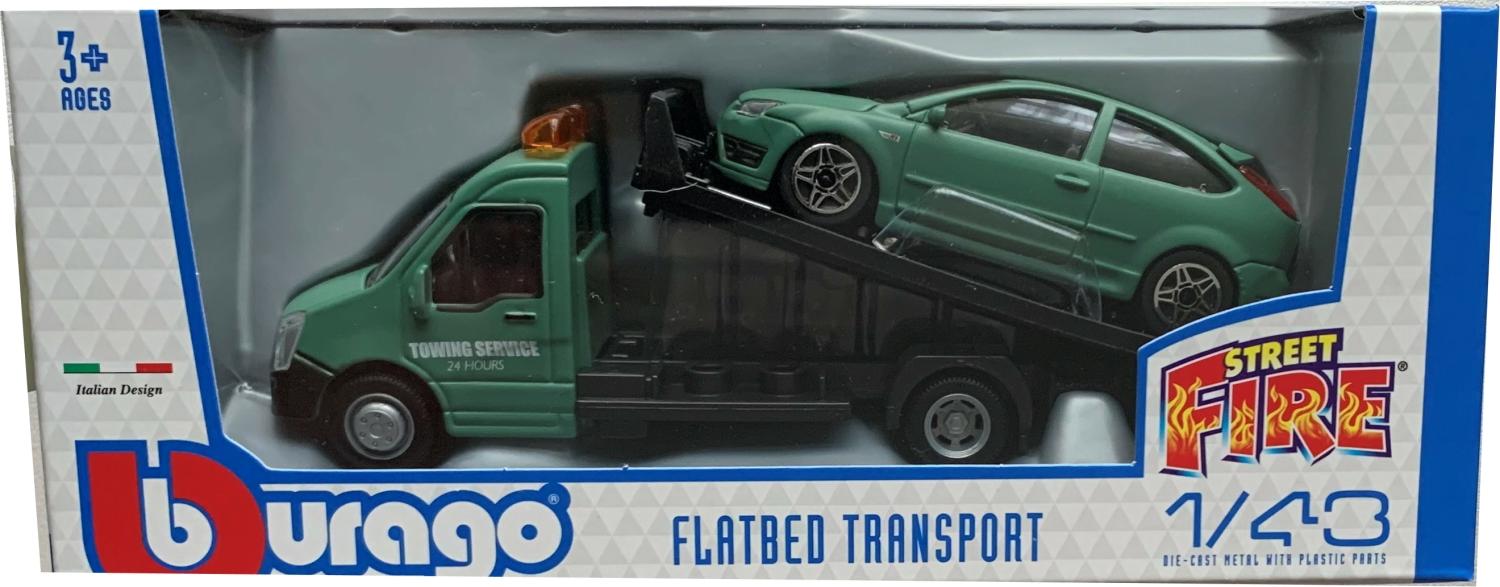 Flatbed Transporter with a Ford Focus ST in dull green 1:43 scale model, Bburago
