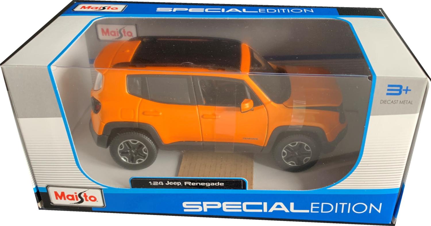 An excellent scale model of a Jeep Renegade decorated in orange with black roof, roof rails, rear top spoiler with black and silver wheels.
