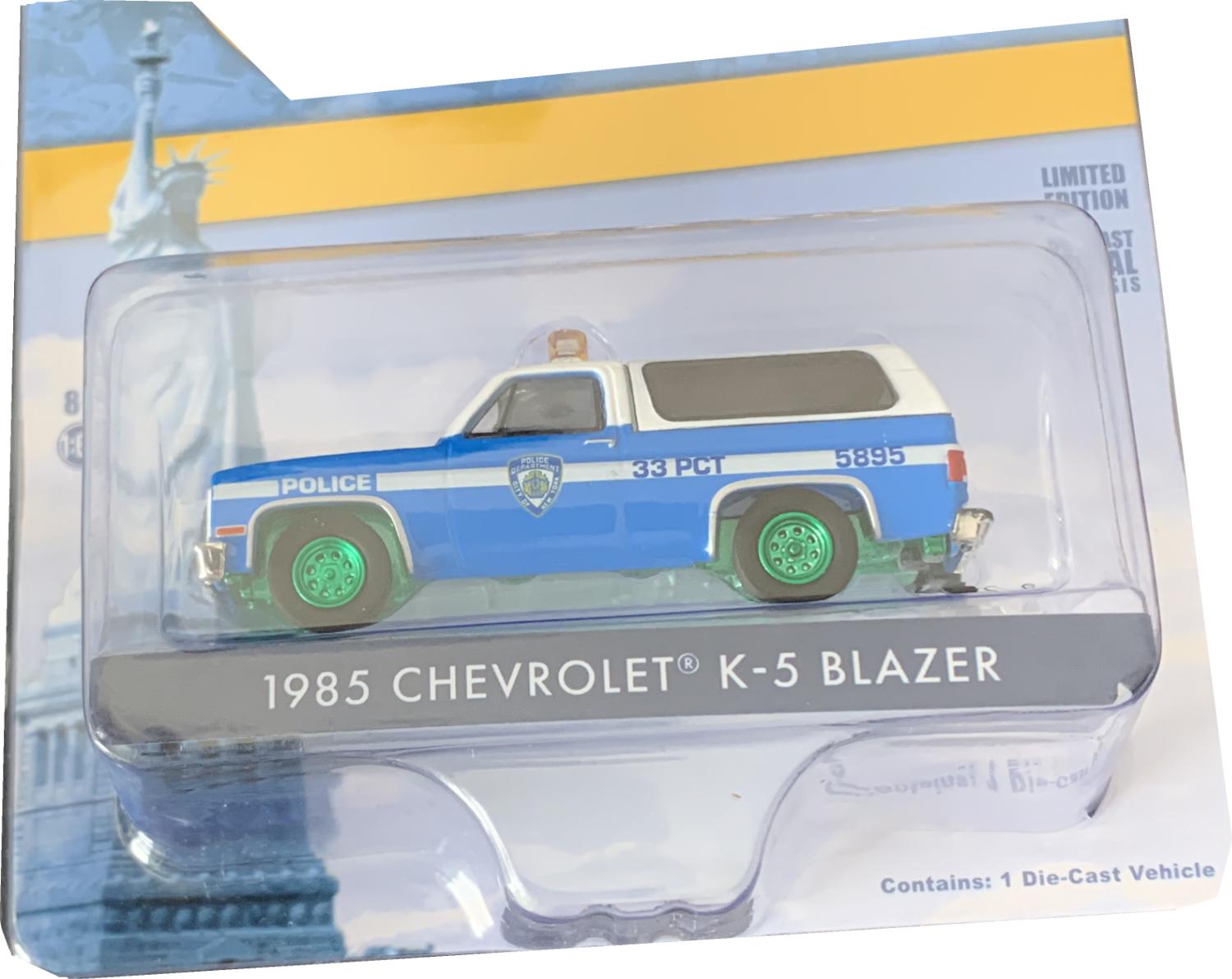 NYPD 1985 Chevrolet K-5 Blazer in blue / white 1:64 scale, Green Wheel version