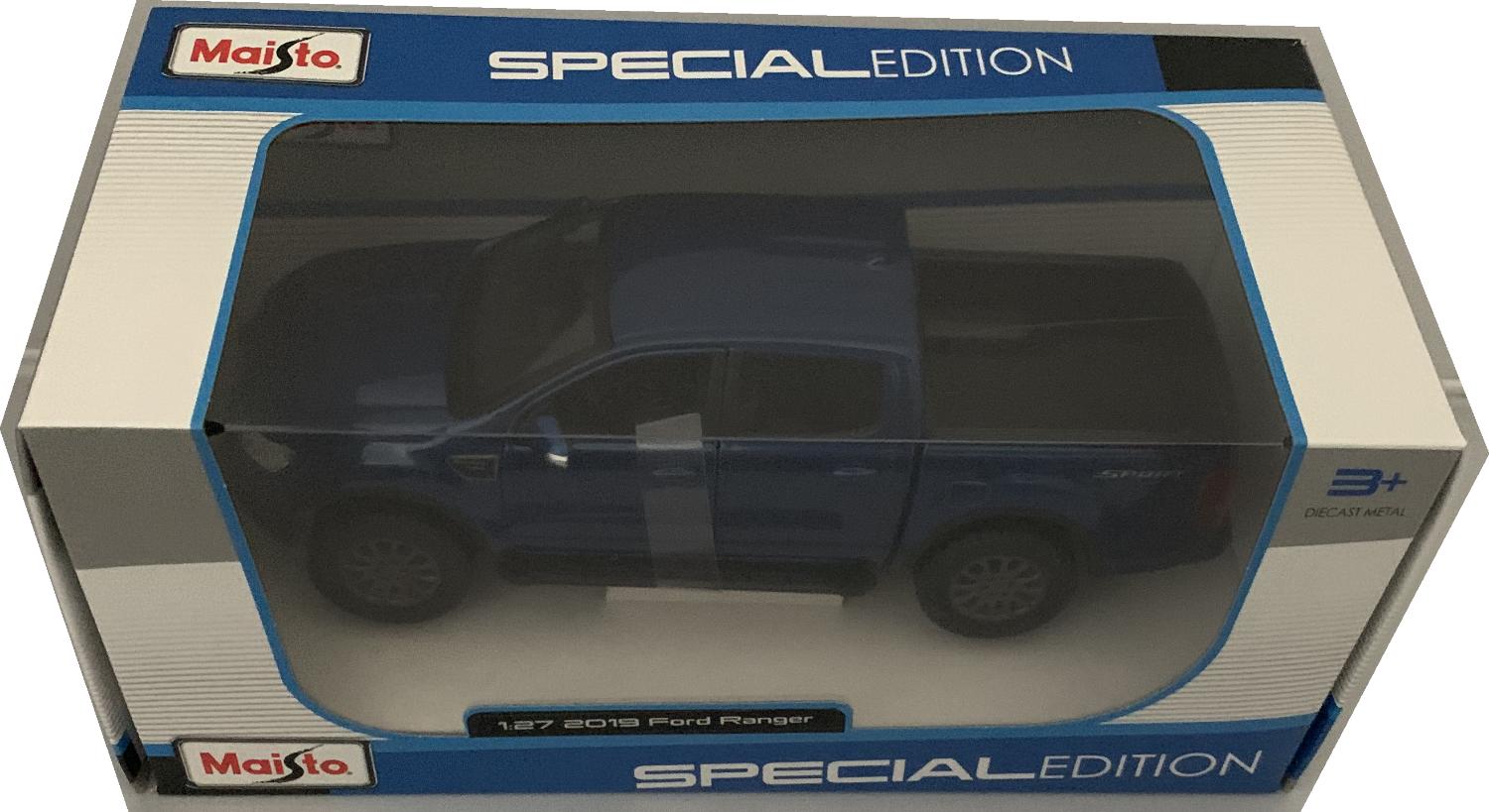 An excellent scale model of a Ford Ranger decorated in metallic blue with dark grey wheels and side steps.