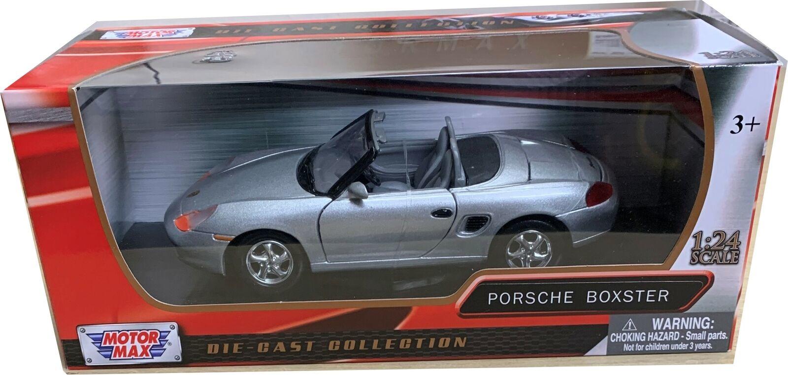 The car is approx 17.5 cm long and the presentation box is 24.5 cm long, Porsche Boxster in silver 1:24 scale model from Motormax