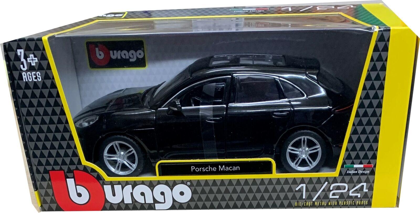 Porsche Macan in black 1:24, Model is mounted on a removable plinth and presented in a window display box. The car is approx. 19 cm long and the presentation box is 24 cm long
