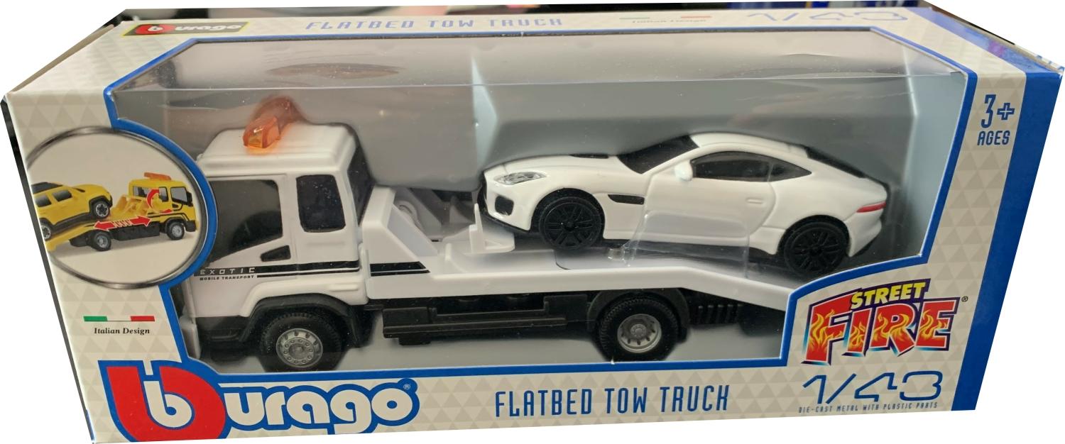 Flatbed Transporter with a Jaguar F Type in white 1:43 scale model from Bburago, streetfire