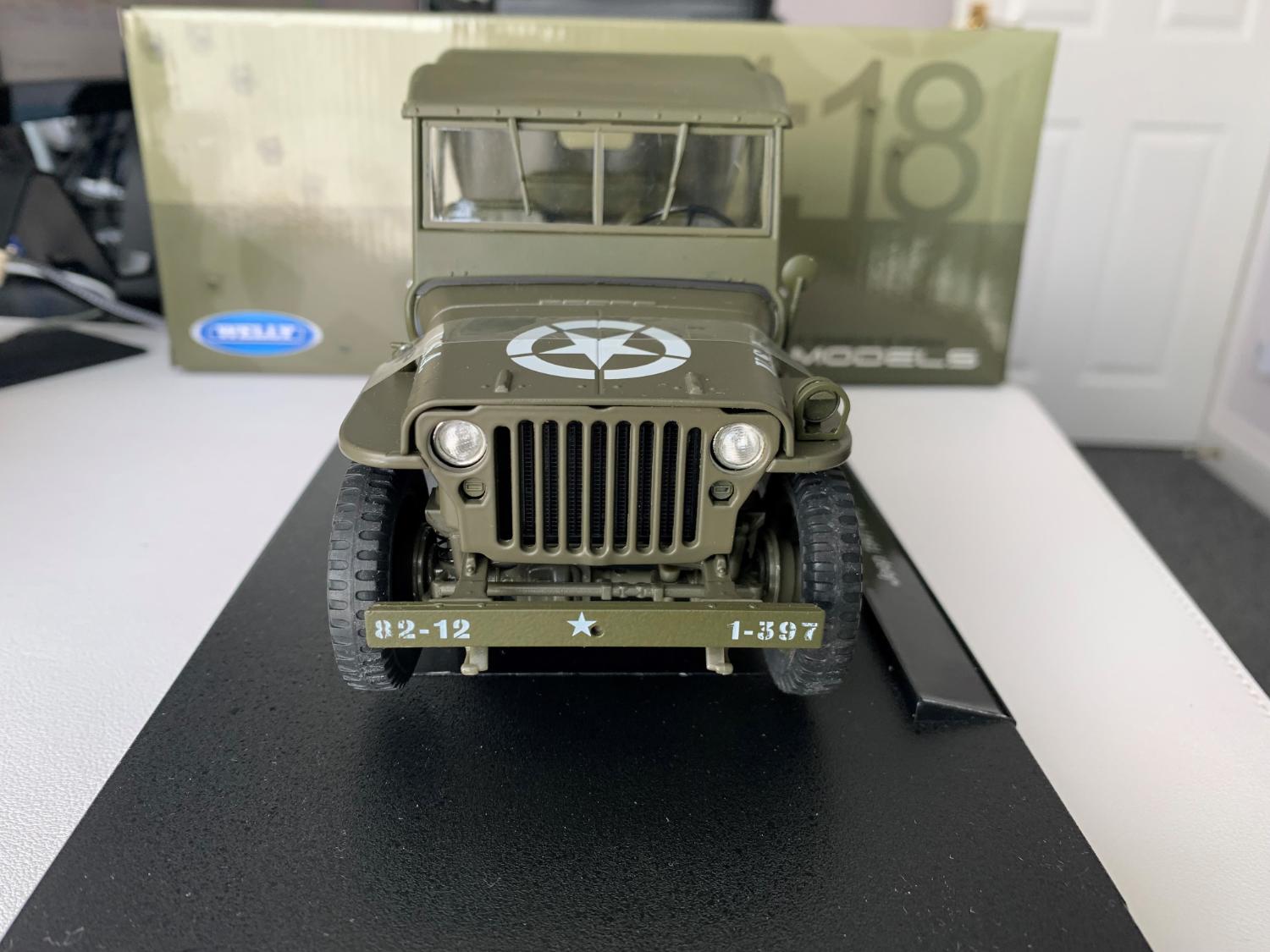 world war 2 models, Willys MB USA Military Jeep Closed 1941 in green 1:18 scale model from Welly