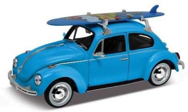VW Beetle Hard Top in blue with Surf Board 1:24 scale model from Welly