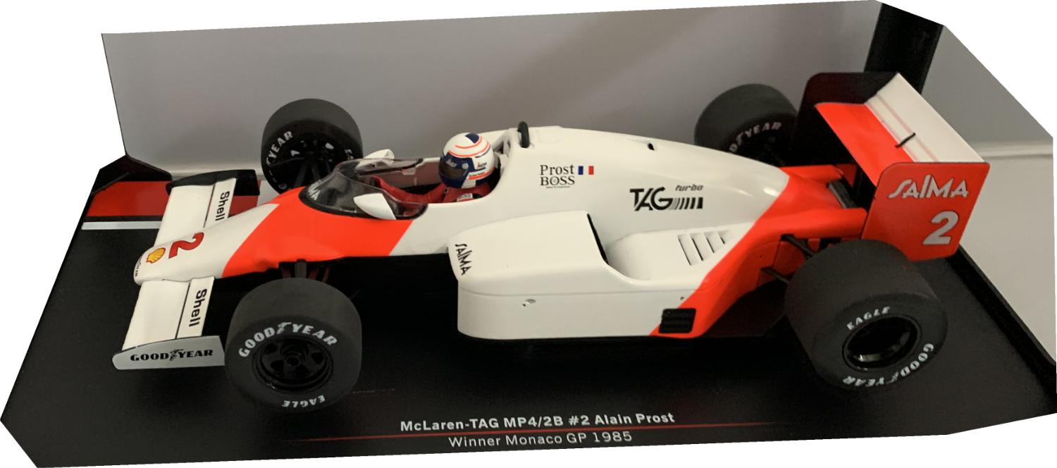 McLaren TAG MP4/2B #2 Marlboro McLaren International Alain Prost Winner Monaco GP 1985 in white and red 1:18 scale model from Model Car Group