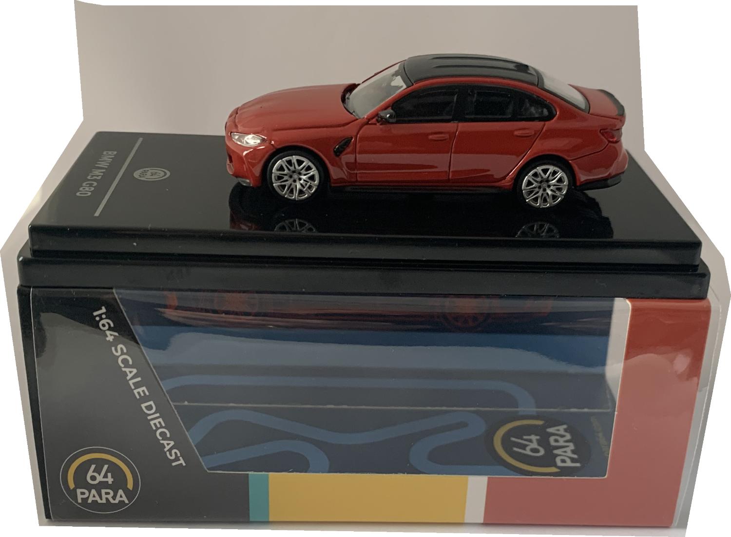 A good reproduction of the BMW M3 G80 mounted on a removable plinth and a removable hard plastic cover