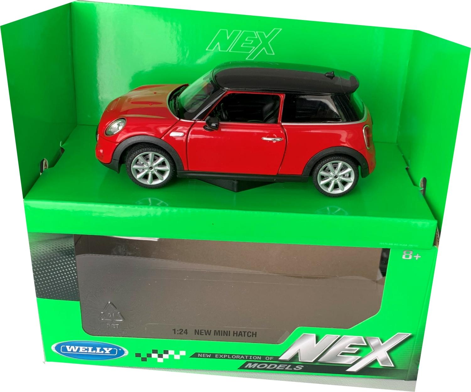 An excellent scale model of a Mini Cooper S Hatch decorated in red with black roof, roof top spoiler and silver wheels. The model is presented in a window display box, the car is approx. 16 cm long and the presentation box is 23 cm long.
