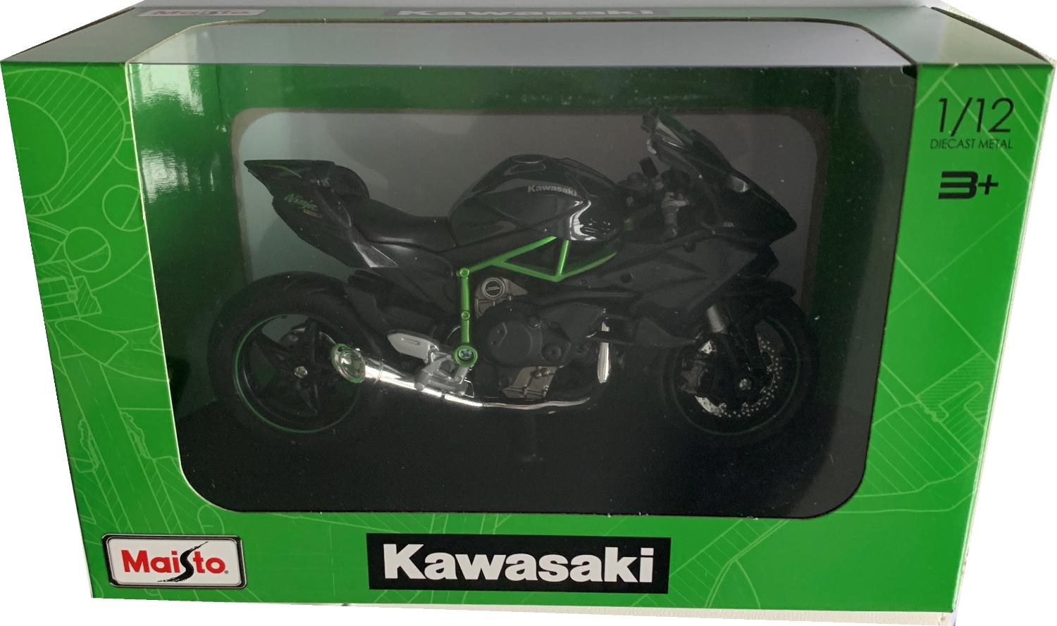 Kawasaki Ninja H2 R in dark grey 1:12 scale model from Maisto, mounted on  a plinth, presented in  a green Kawasaki themed box.