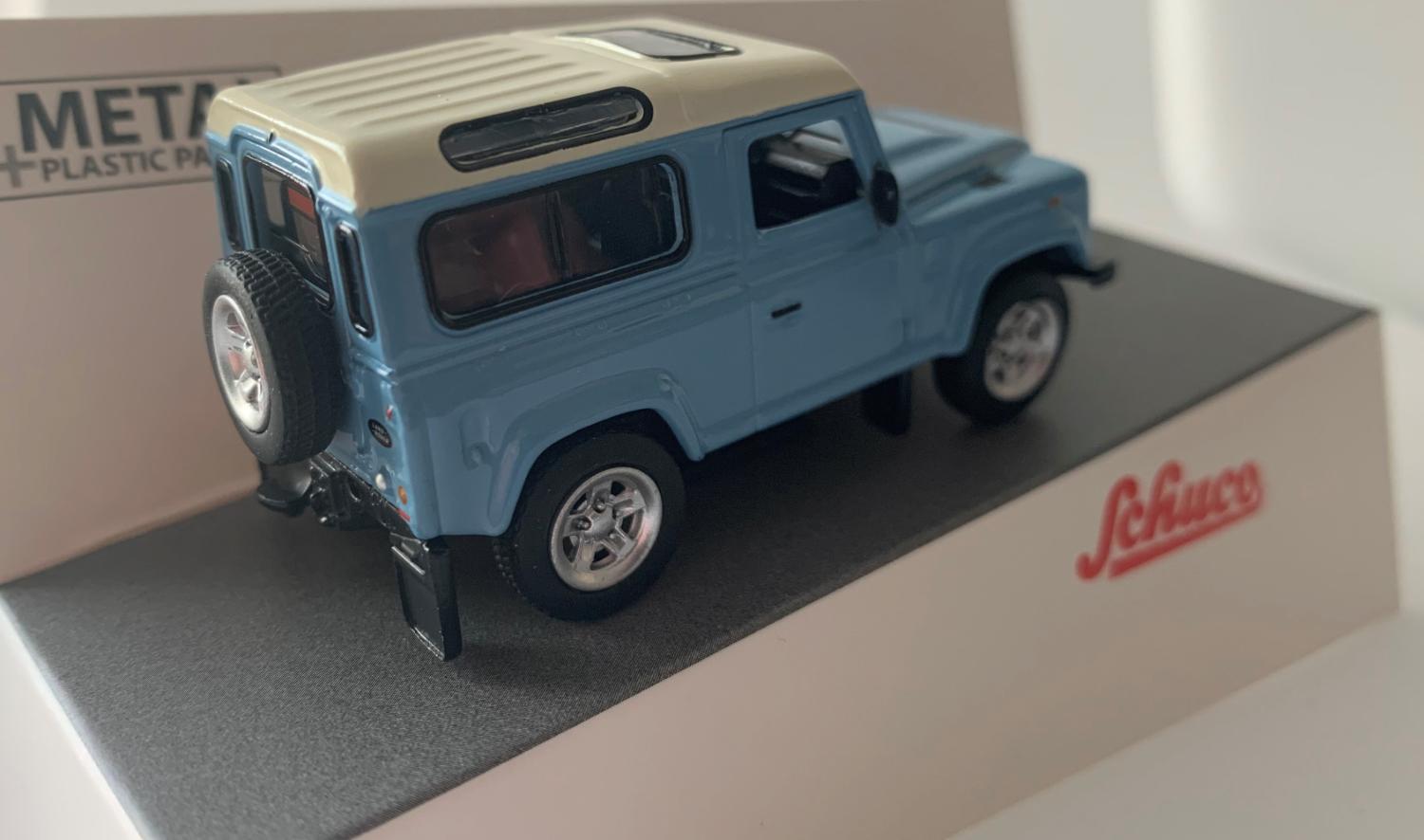 Land Rover Defender in light blue 1:64 scale model from Schuco