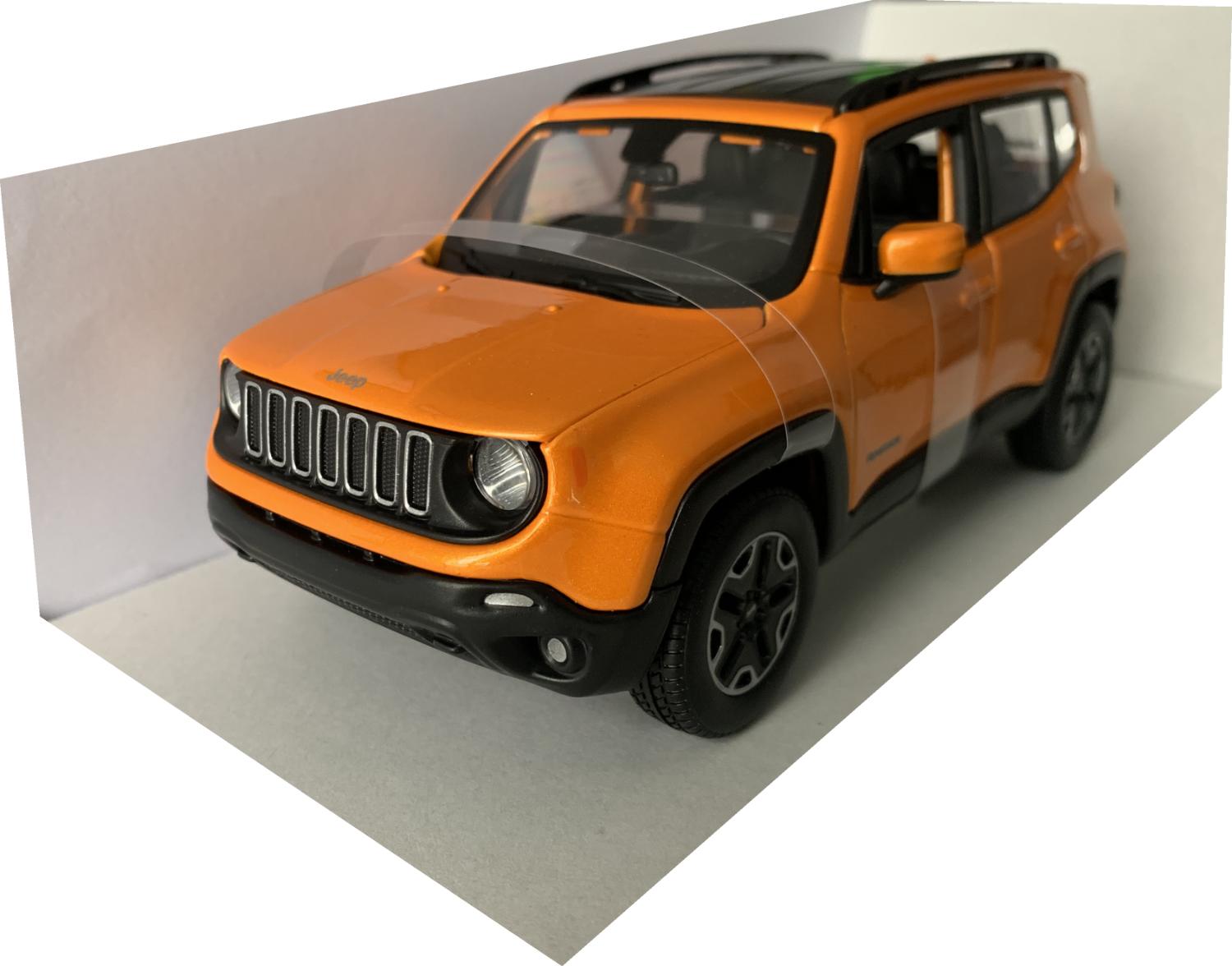 tor grille with the lettering Renegade on either side of the front doors.  The Jeep lettering also extends to the rear and centre of steering wheel.  The model is presented in a window display box, the car is approx. 17.5 cm long and the presentation box is 23 cm long