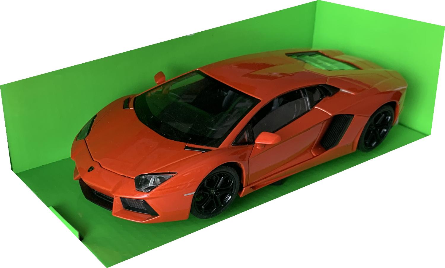An excellent scale model of a Lamborghini Aventador LP700-4 Coupe decorated in orange with black wheels