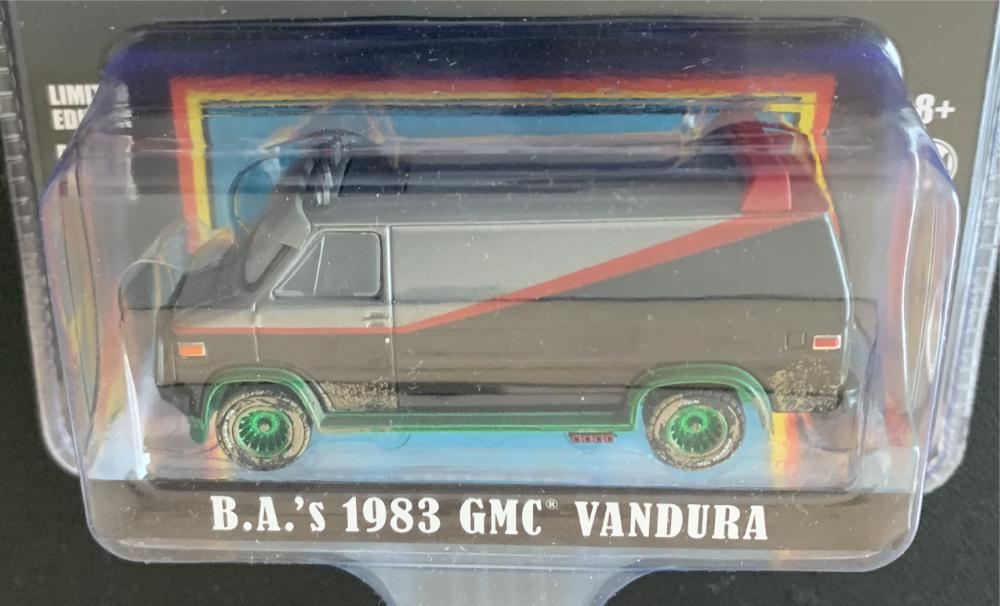The A Team, B.A's 1983 GMC Vandura (weathered version) 1:64 scale model from Greenlight,  limited edition with green underside and wheels