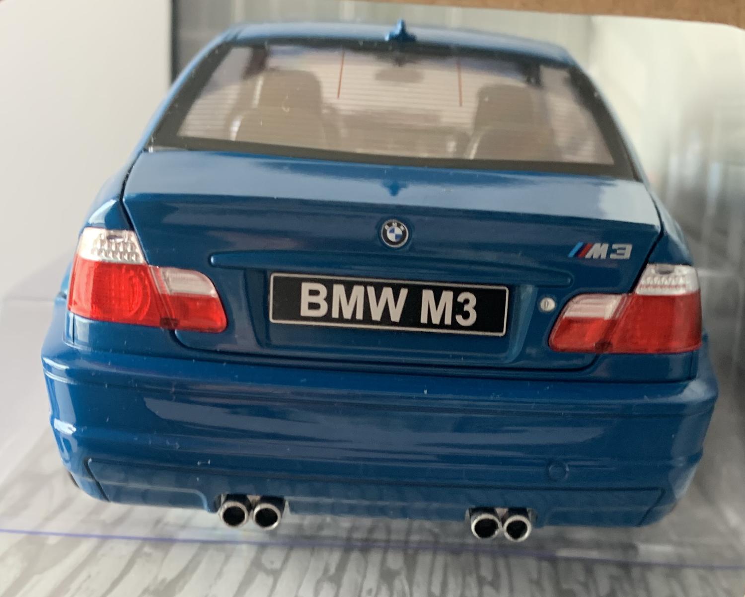 A very good representation of the BMW E46 Coupe M3 decorated in laguna blue with alloy wheels.  Other trims are finished in black, chrome and silver.  Features include working wheels, opening driver and passenger doors