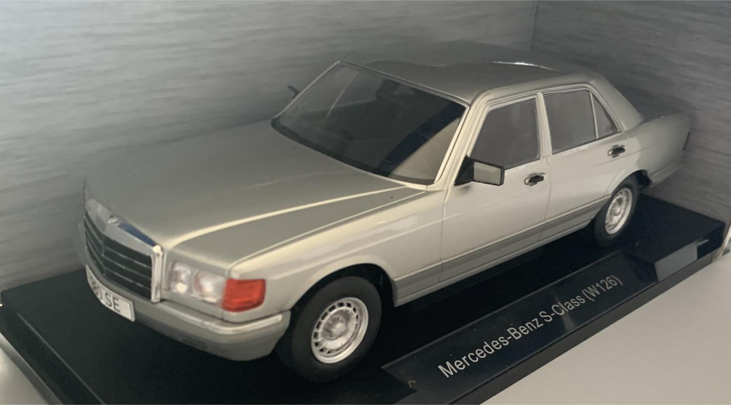 A very good representation of the Mercedes Benz S Class from 1979 decorated in silver with silver wheels.  Other trims are finished in chrome, silver and grey.